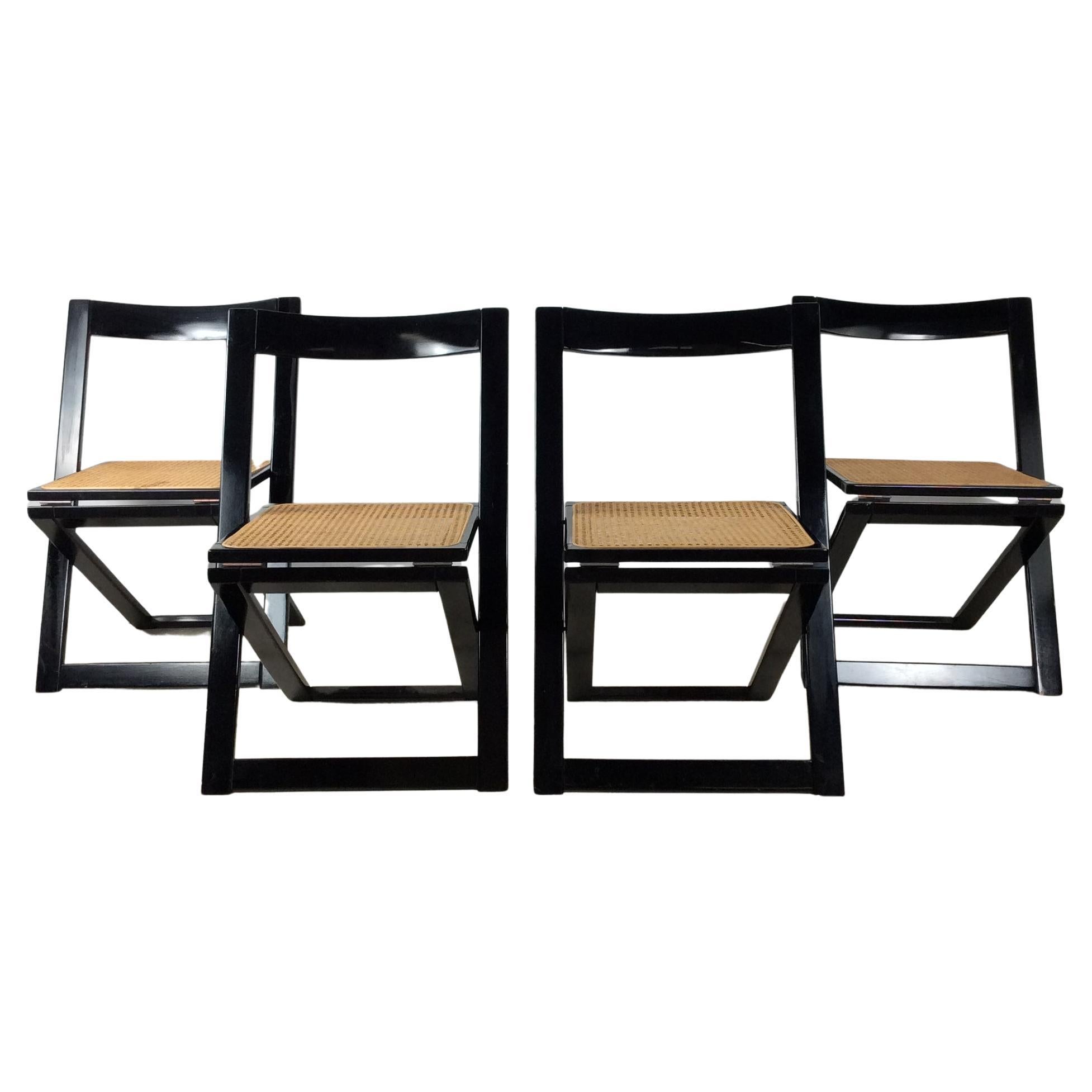 Set of 4 Folding Chairs with Black Lacquer Finish & Caned Seats