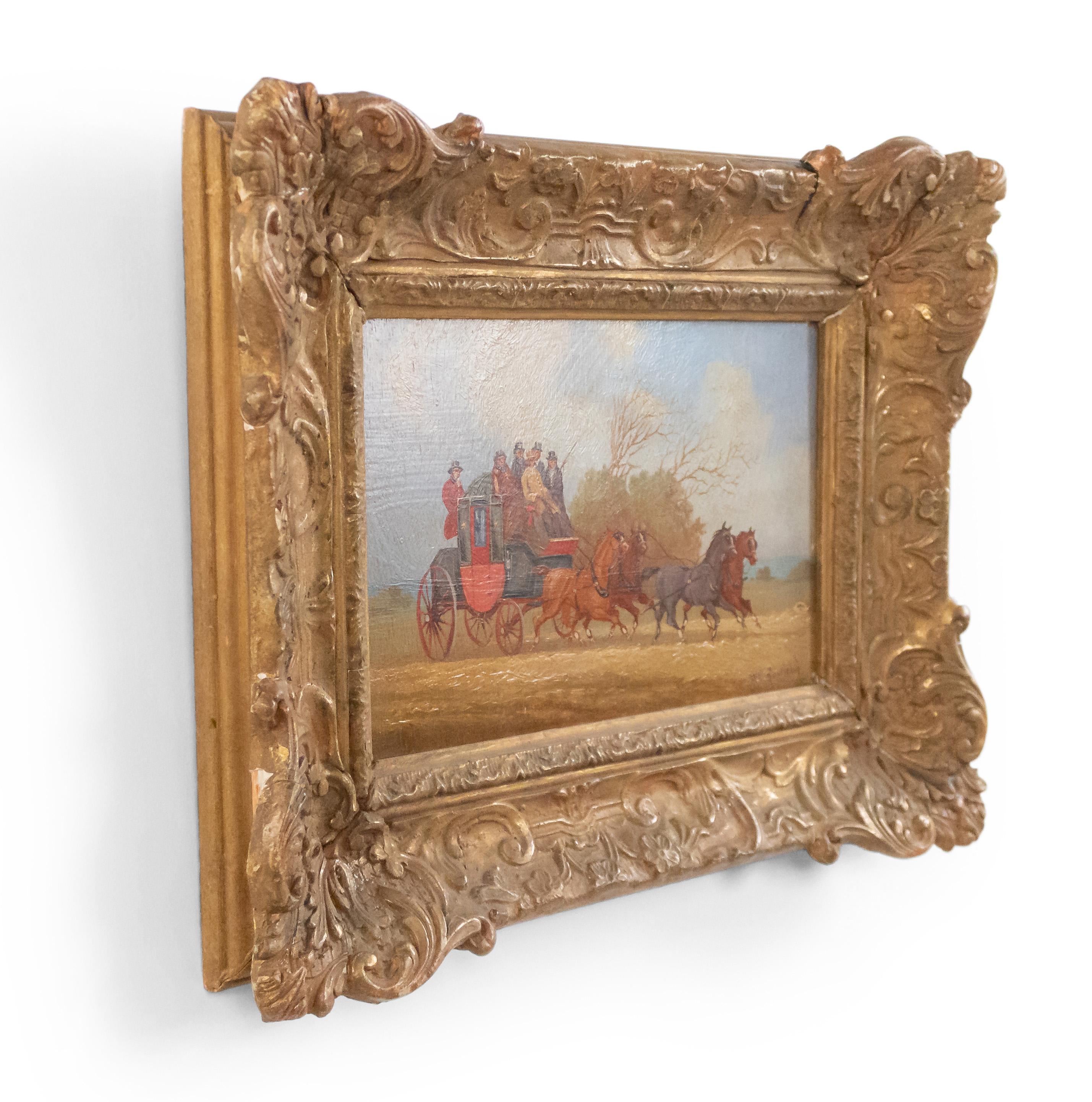 Huilé Ensemble de 4 peintures à l'huile encadrées représentant des scènes de Coach (signées Rowland) en vente