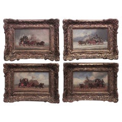 Ensemble de 4 peintures à l'huile encadrées représentant des scènes de Coach (signées Rowland)