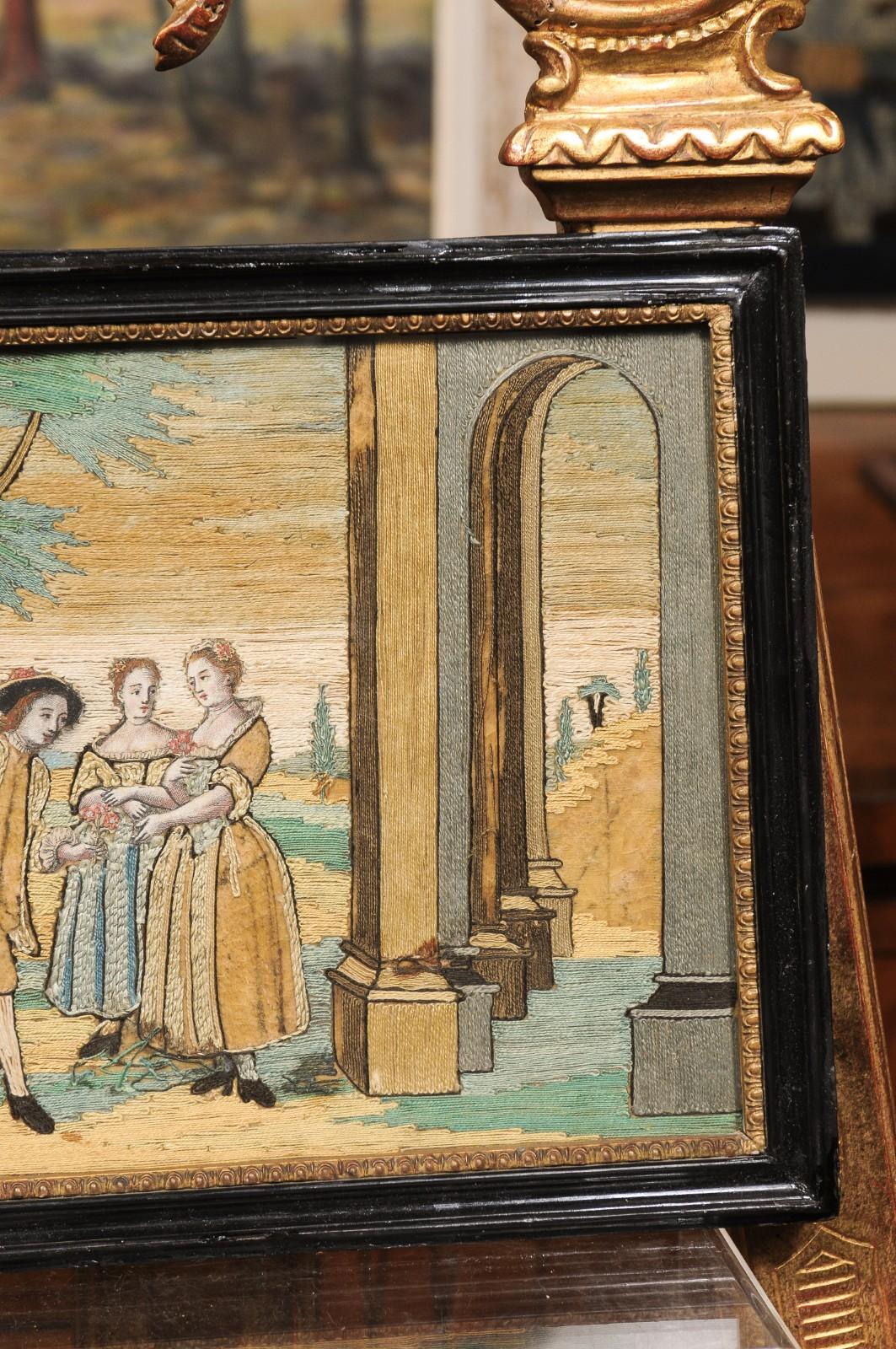 Ensemble de 4 textiles encadrés du XVIIIe siècle représentant les quatre saisons en vente 6