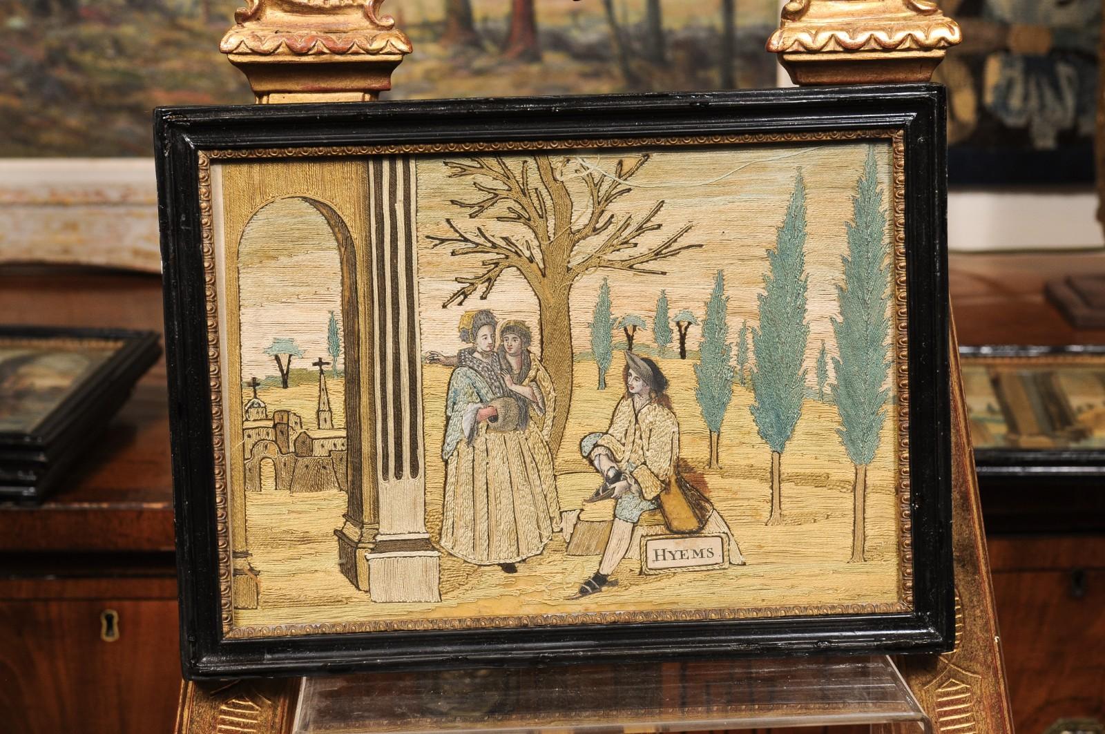 Ensemble de 4 textiles encadrés du XVIIIe siècle représentant les quatre saisons en vente 7