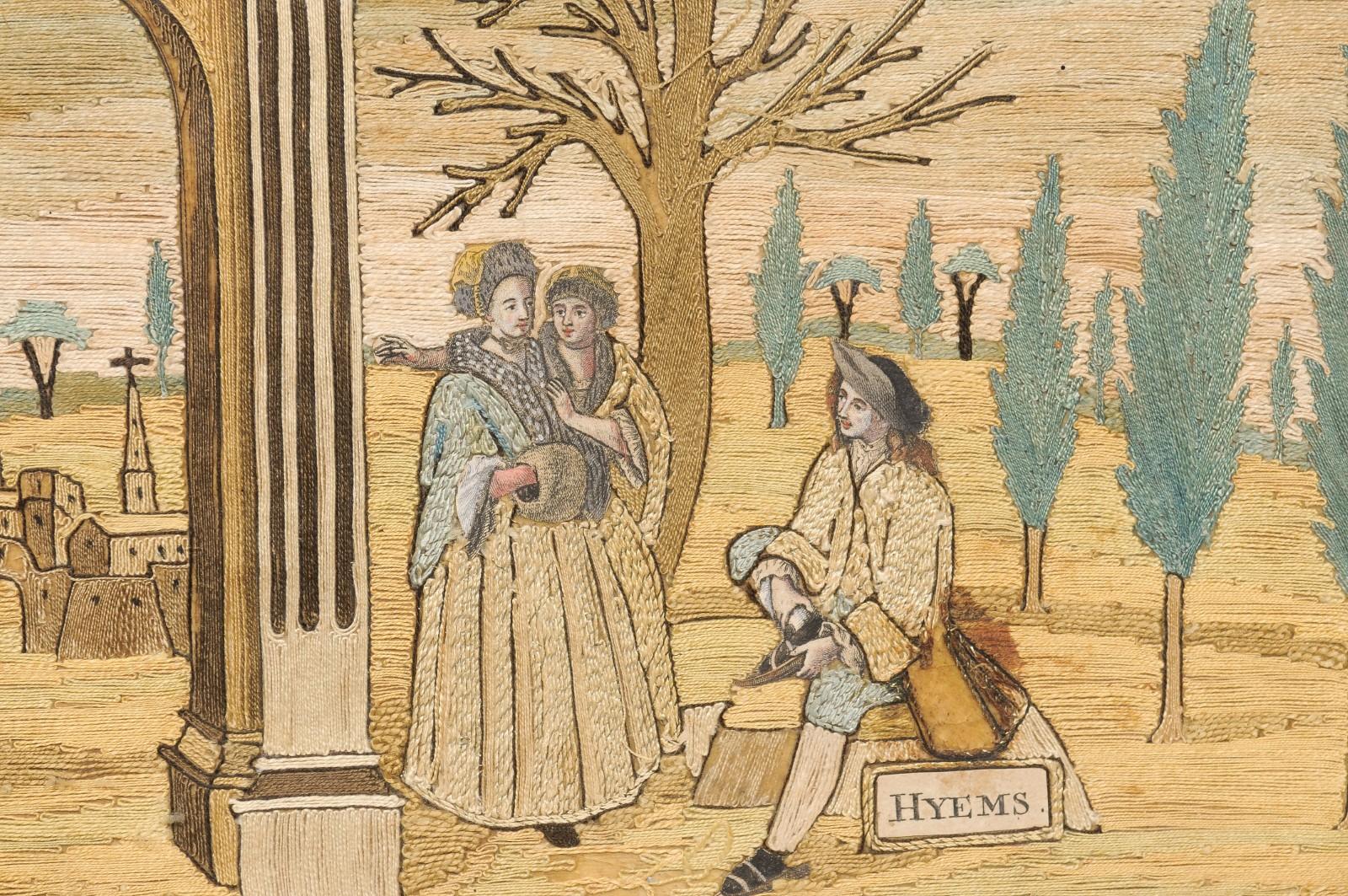 Ensemble de 4 textiles encadrés du XVIIIe siècle représentant les quatre saisons en vente 8