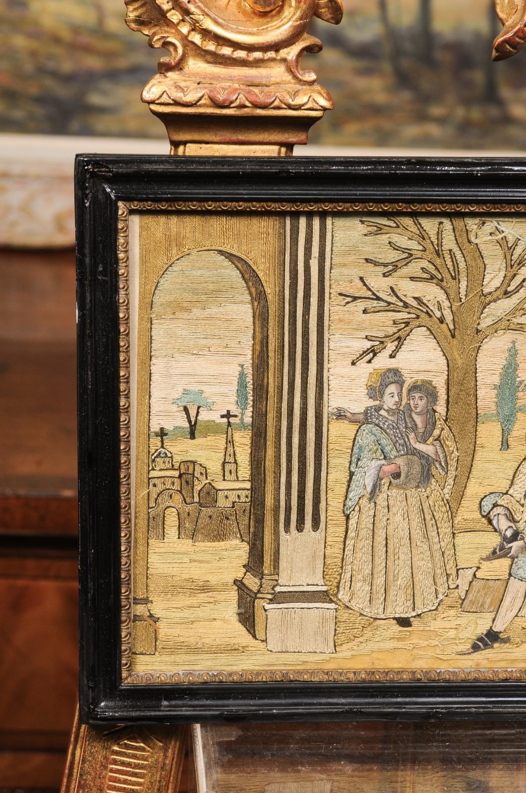 Ensemble de 4 textiles encadrés du XVIIIe siècle représentant les quatre saisons en vente 9