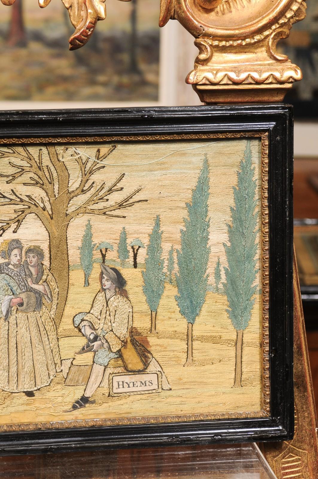 Ensemble de 4 textiles encadrés du XVIIIe siècle représentant les quatre saisons en vente 10