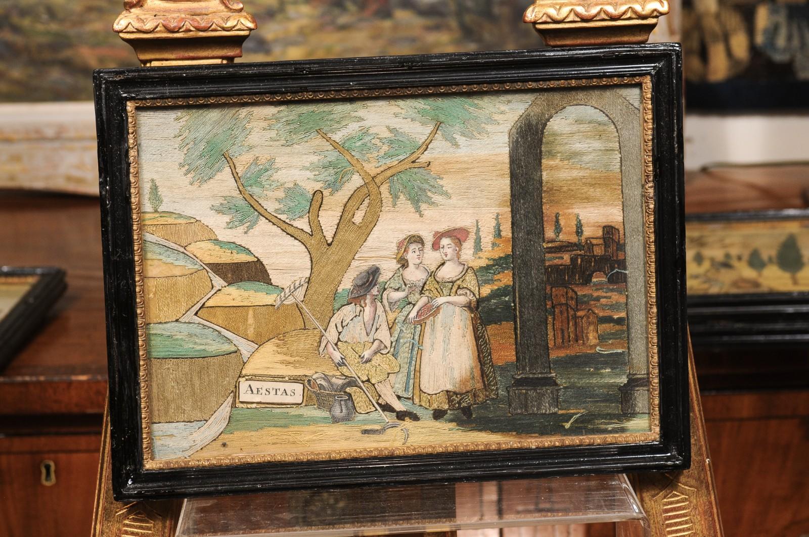 Ensemble de 4 textiles encadrés du XVIIIe siècle représentant les quatre saisons en vente 11