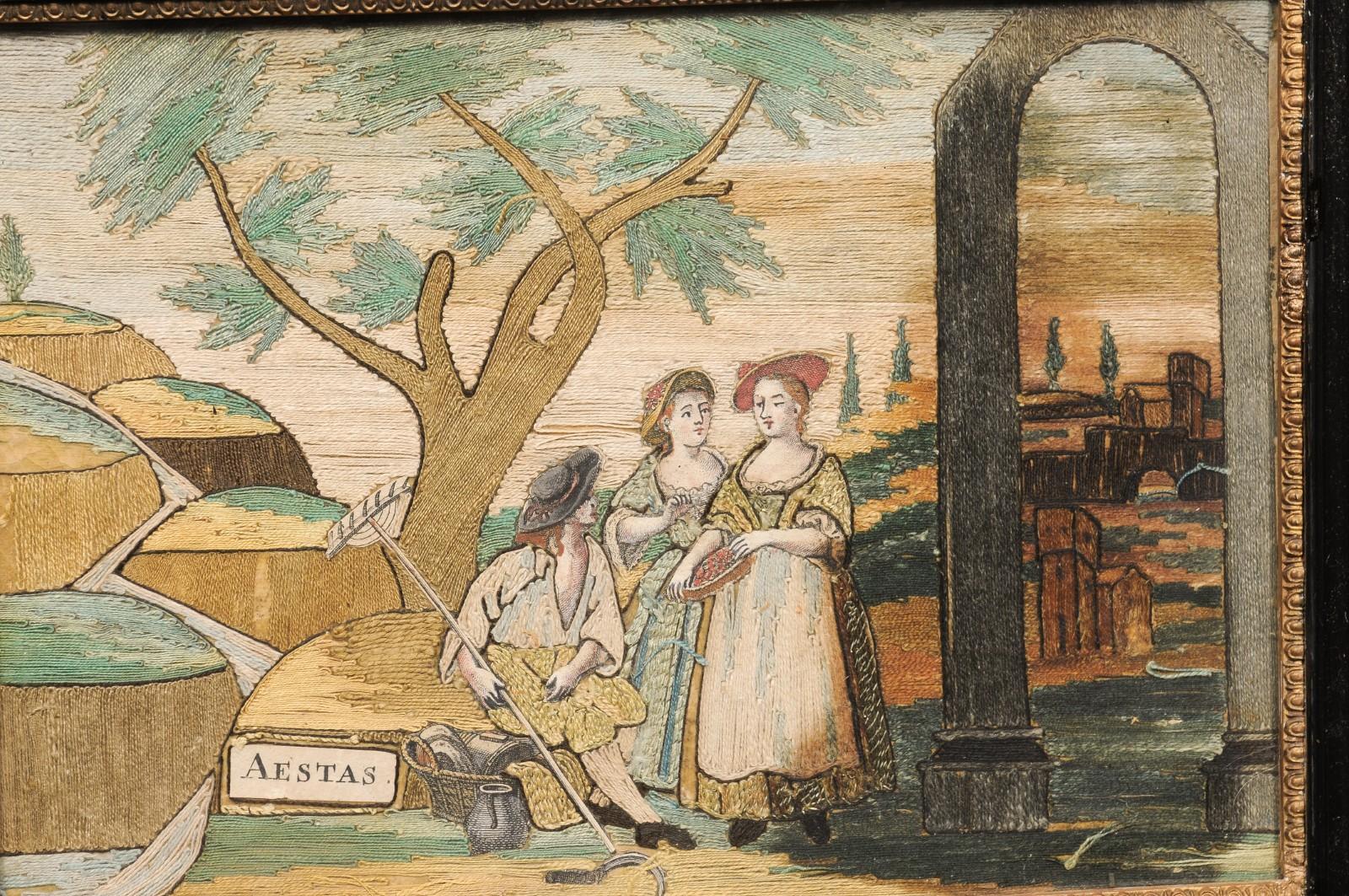 Ensemble de 4 textiles encadrés du XVIIIe siècle représentant les quatre saisons en vente 12