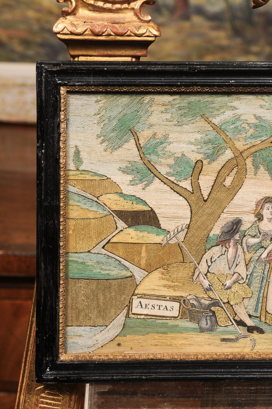 Ensemble de 4 textiles encadrés du XVIIIe siècle représentant les quatre saisons en vente 13