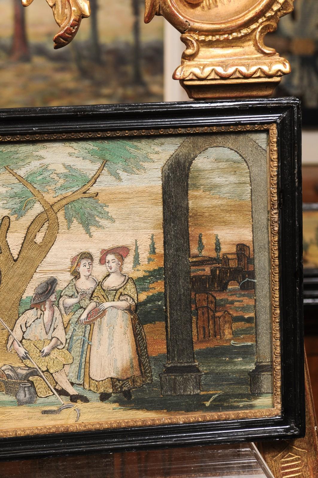 Ensemble de 4 textiles encadrés du XVIIIe siècle représentant les quatre saisons en vente 14