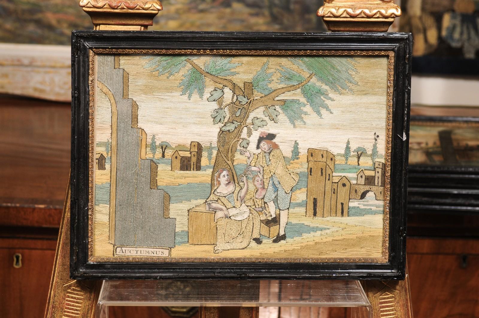 Ensemble de 4 textiles encadrés du XVIIIe siècle représentant les quatre saisons en vente 15