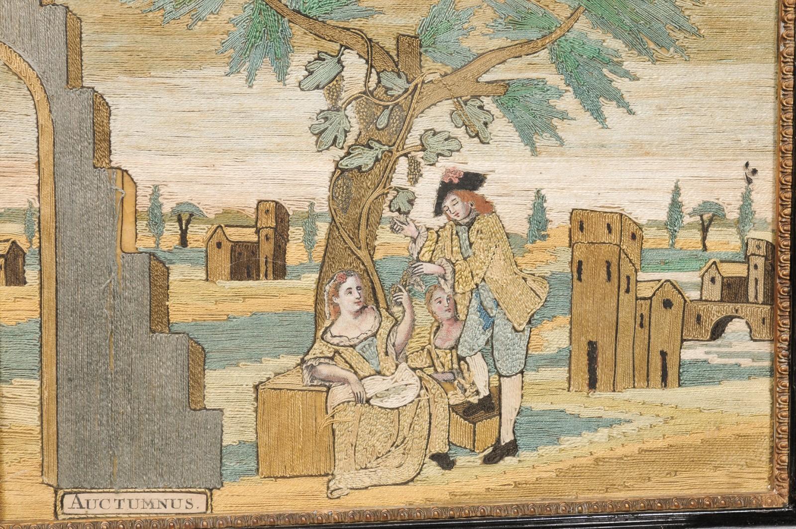 Ensemble de 4 textiles encadrés du XVIIIe siècle représentant les quatre saisons en vente 16