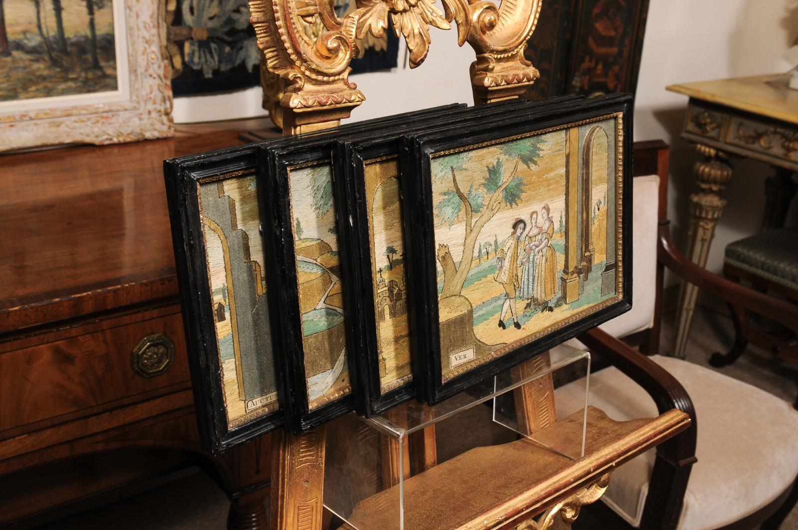 Textile Ensemble de 4 textiles encadrés du XVIIIe siècle représentant les quatre saisons en vente