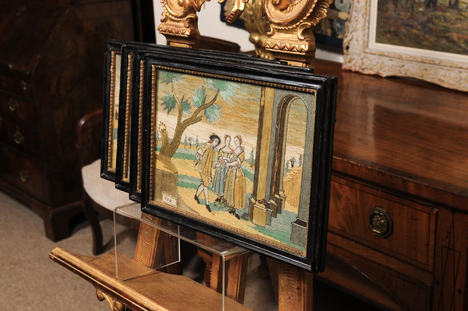 Ensemble de 4 textiles encadrés du XVIIIe siècle représentant les quatre saisons en vente 1