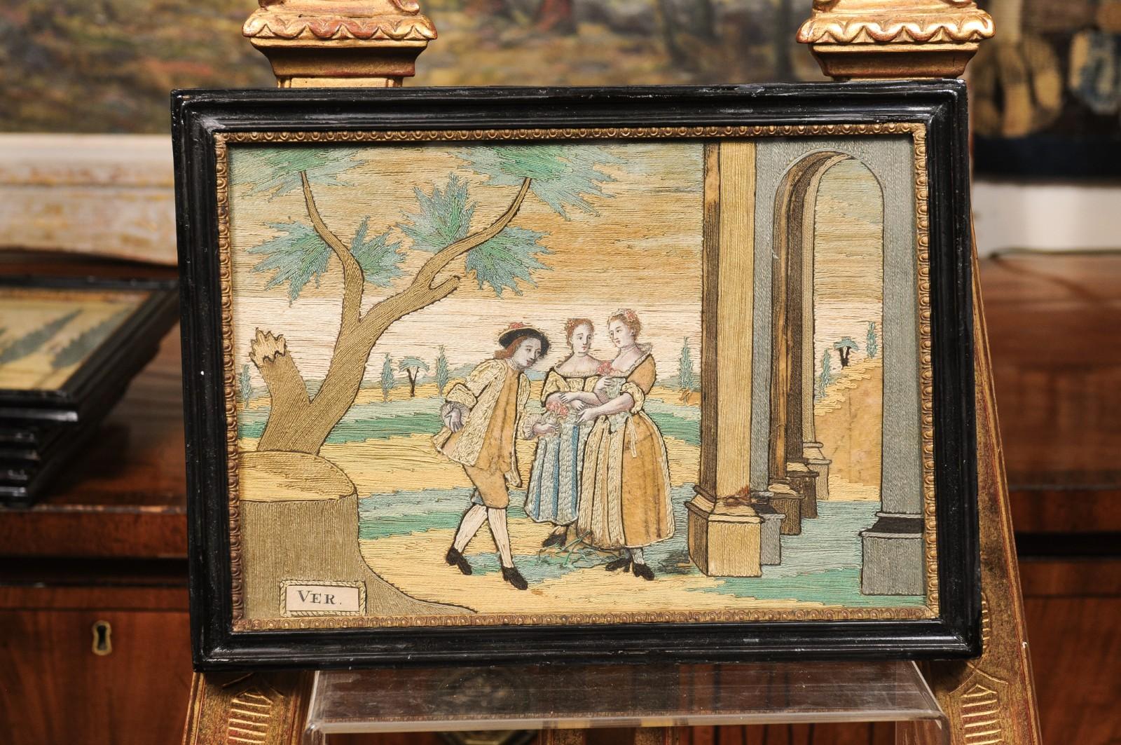 Ensemble de 4 textiles encadrés du XVIIIe siècle représentant les quatre saisons en vente 3