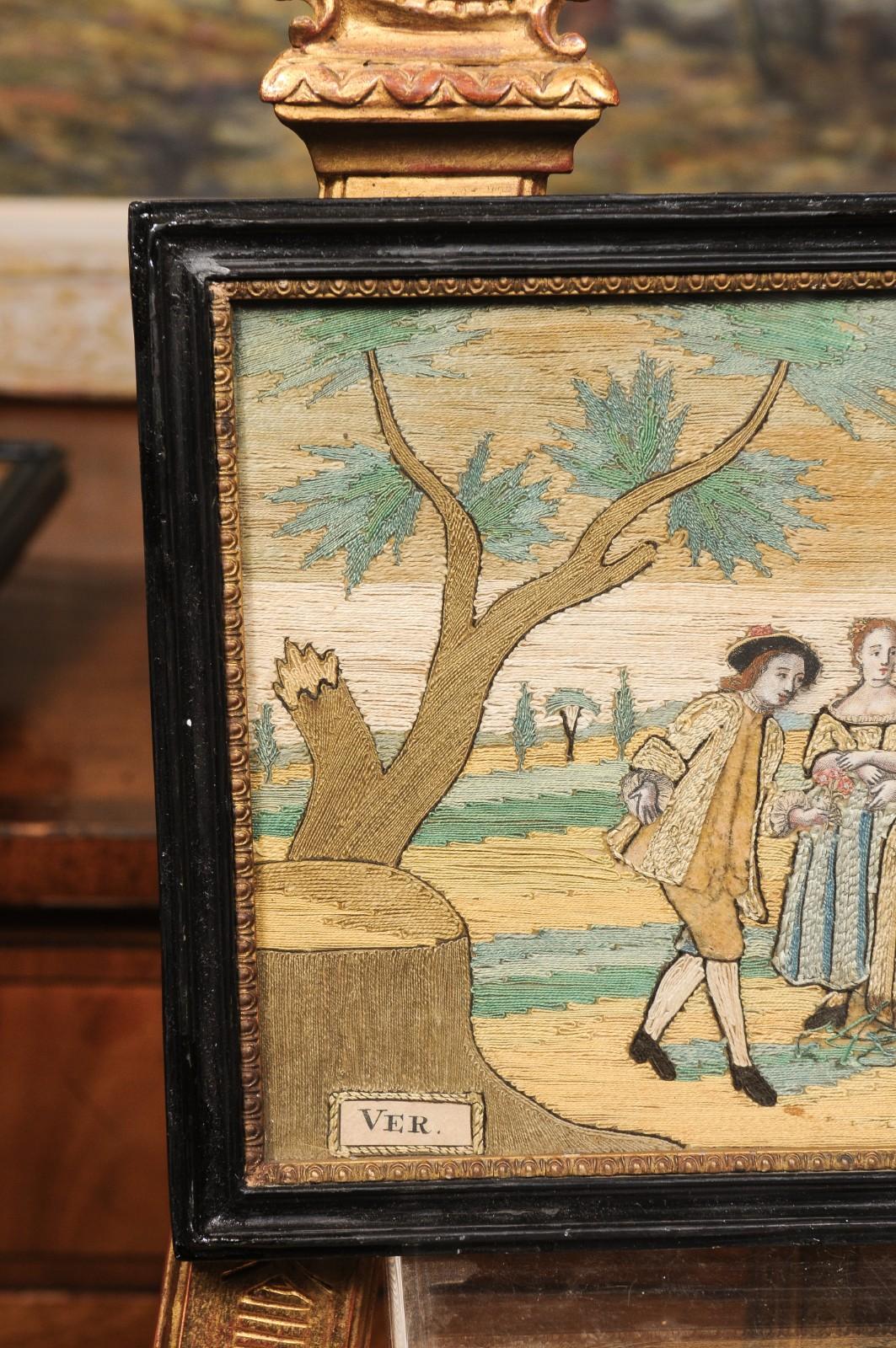 Ensemble de 4 textiles encadrés du XVIIIe siècle représentant les quatre saisons en vente 5