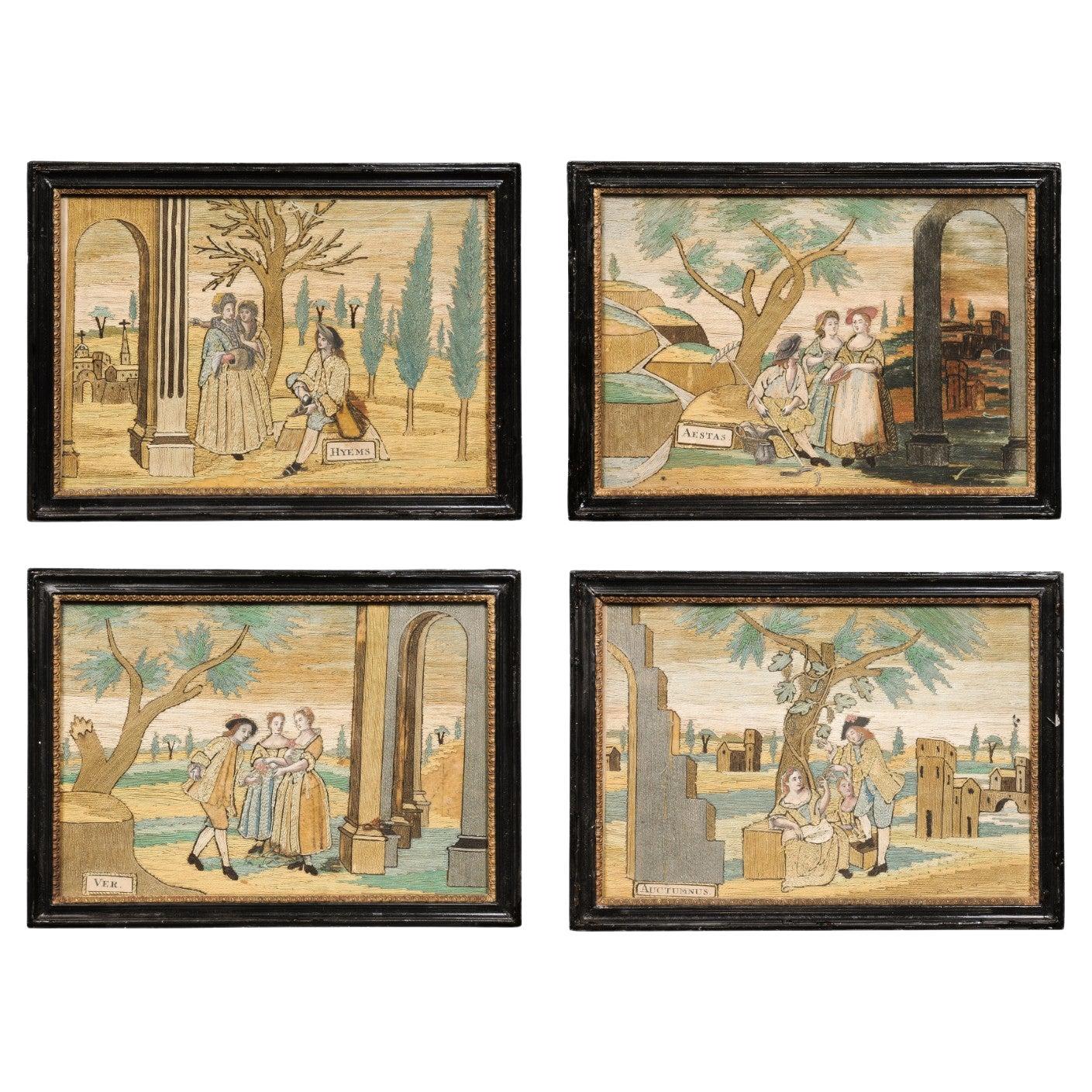 Set di 4 tessuti incorniciati del XVIII secolo raffiguranti le Four Seasons