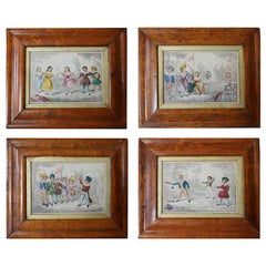Set of 4 Framed Antique Prints of Children Playing Games, English, circa 1850