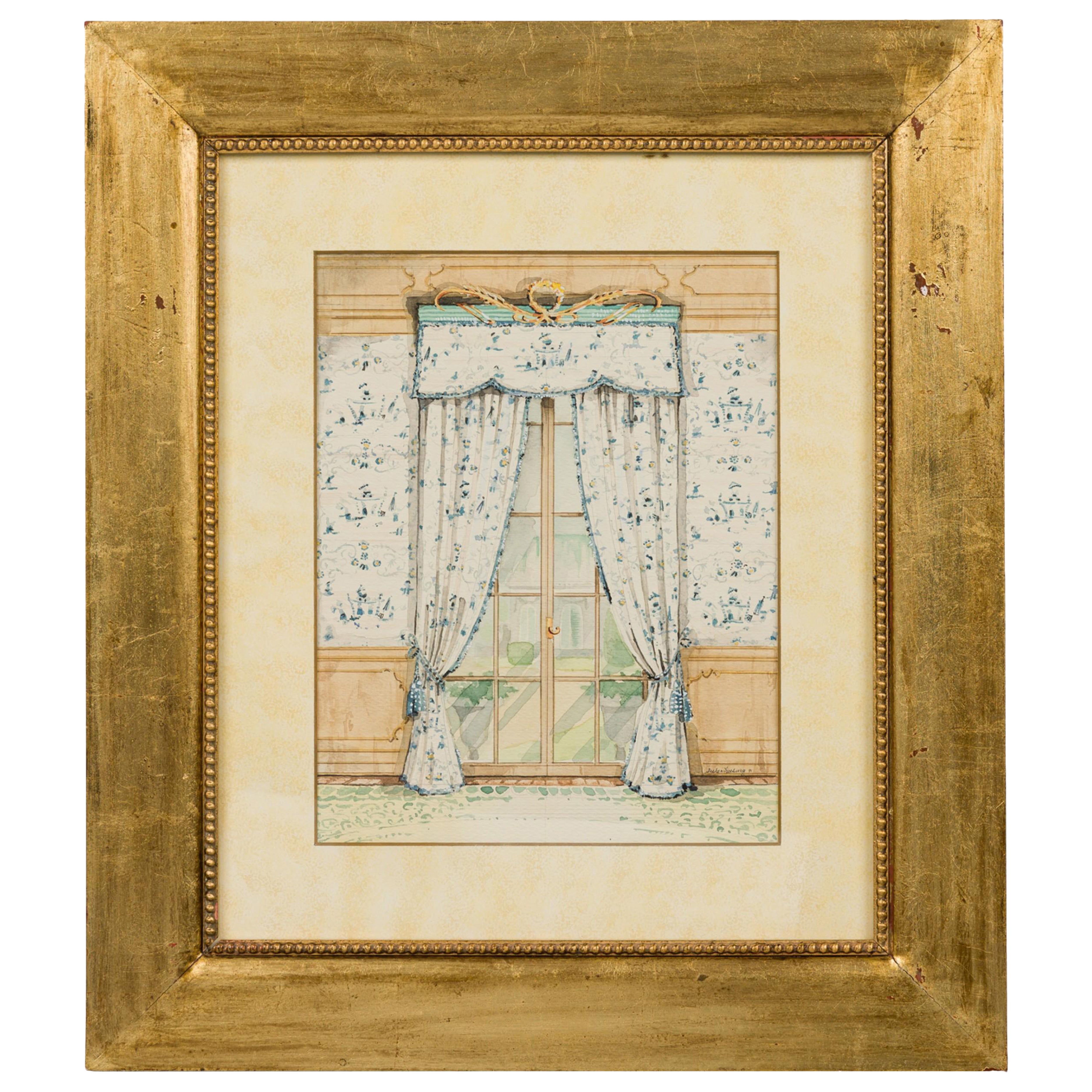 Set of 4 Framed Contemporary English Watercolor Prints of English Curtains
