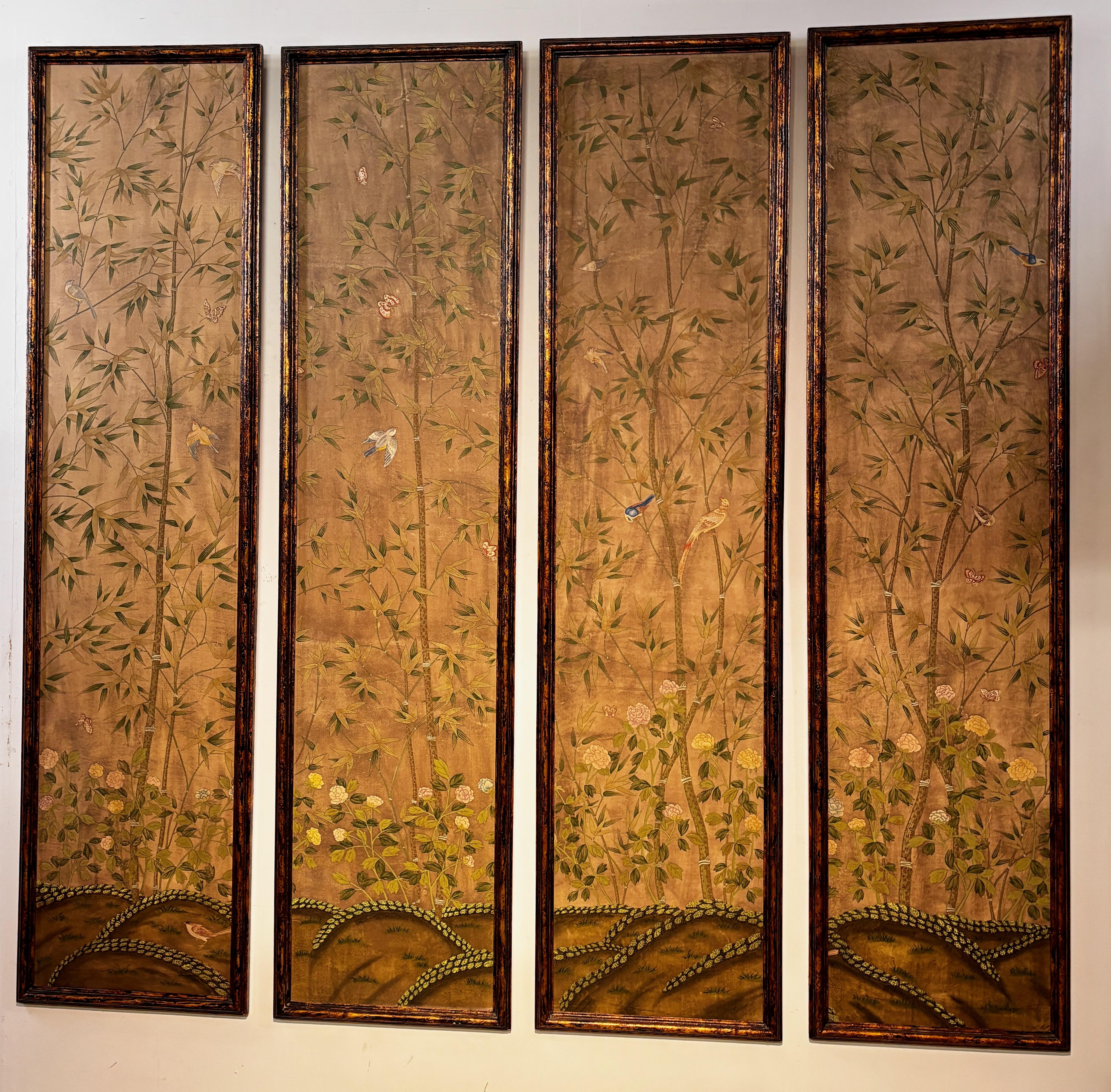 A set of 4, late 19th century hand painted wallpaper panels in later wood frames.
Elegant and tasteful detailed scene of bamboo trees, flowers, birds and butterflies.
Acquired from a fine San Francisco estate where these hung in the dining