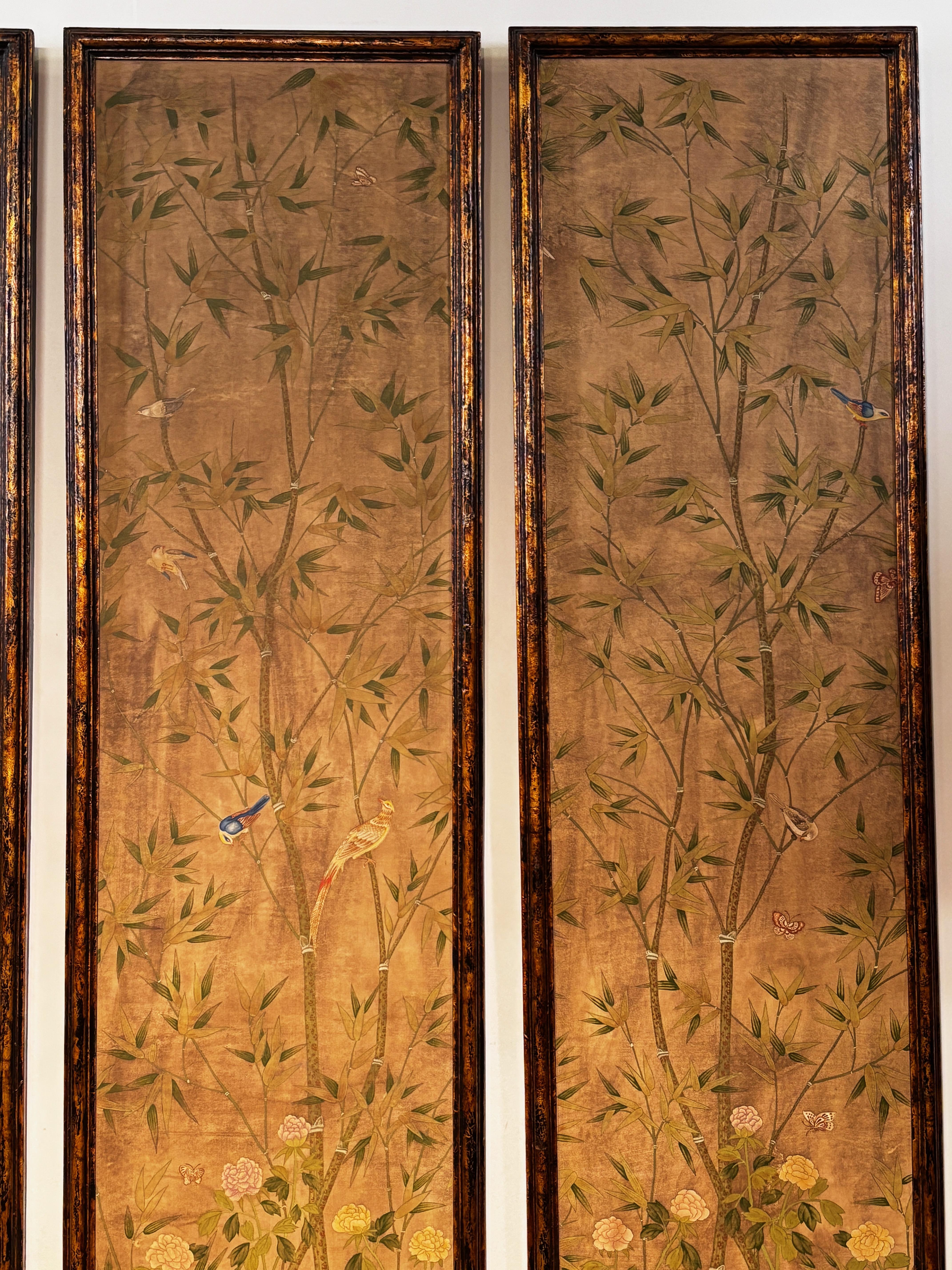 Hand-Painted Set of 4 Framed Hand Painted Wallpaper Panels, Chinese Late 19th Century