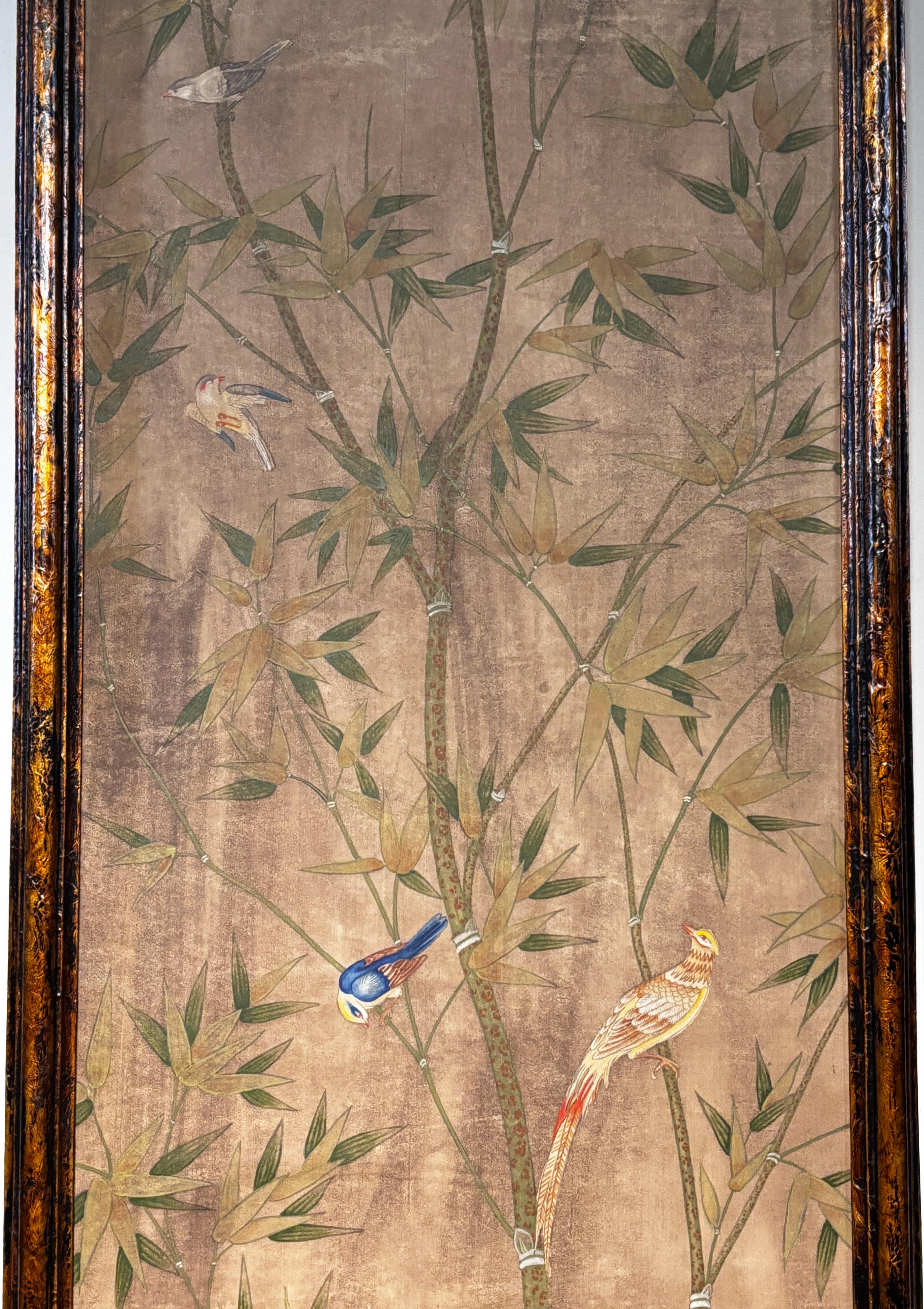 Wood Set of 4 Framed Hand Painted Wallpaper Panels, Chinese Late 19th Century