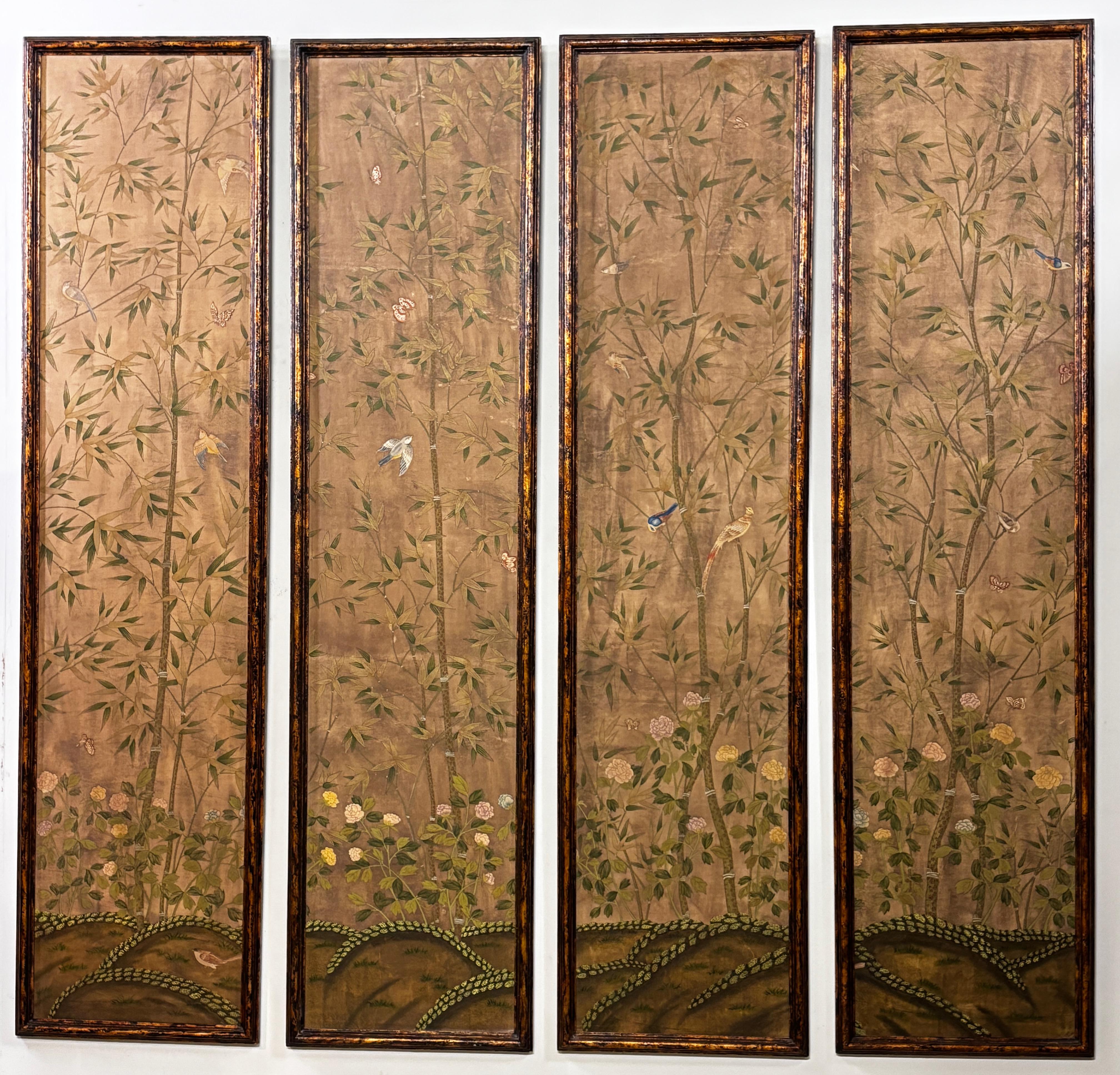 Set of 4 Framed Hand Painted Wallpaper Panels, Chinese Late 19th Century 3