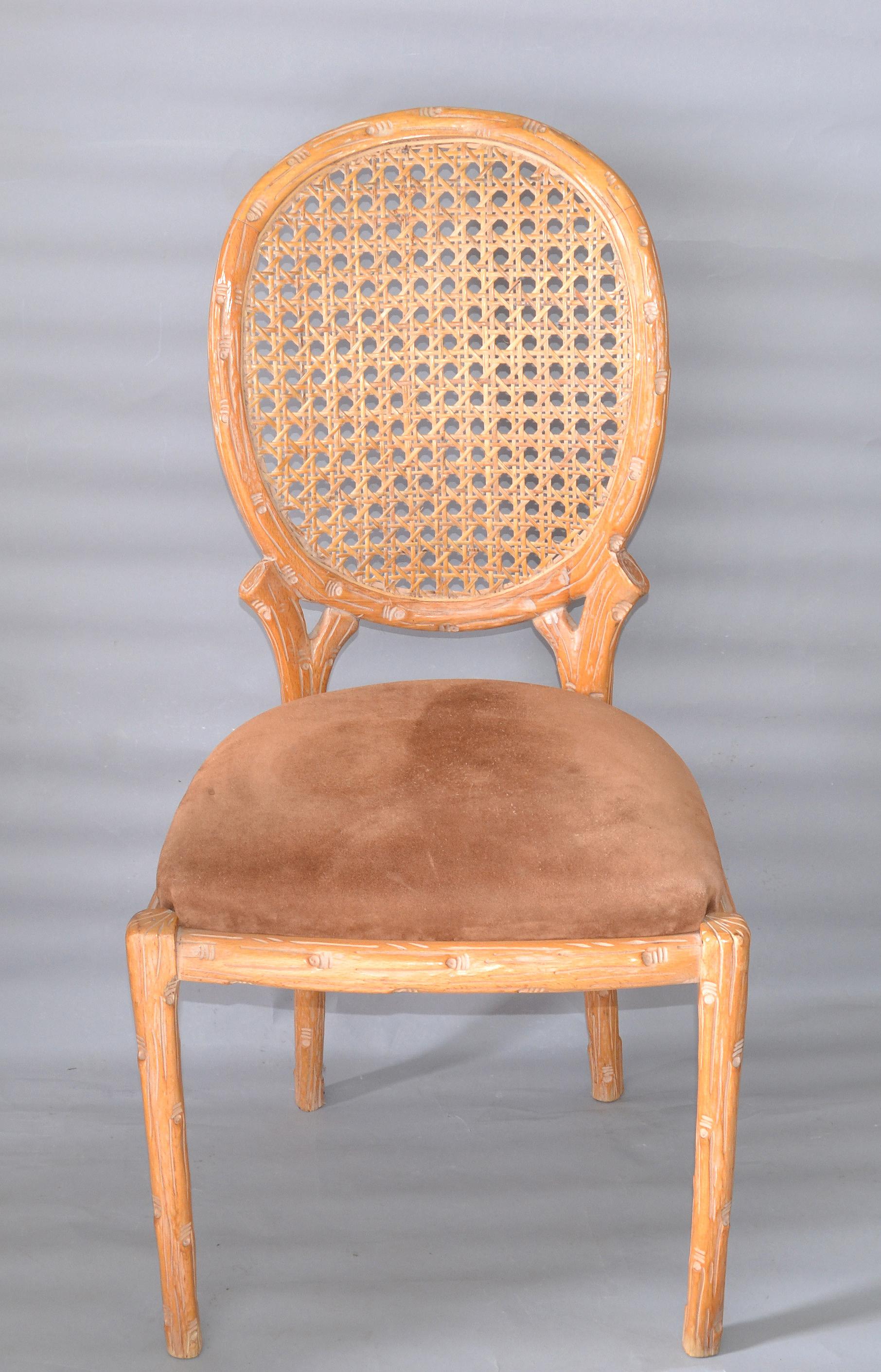 Hand-Carved Set of 4 Fratelli Boffi Milano Wood & Cane Dining Chairs Mid-Century Modern 1970