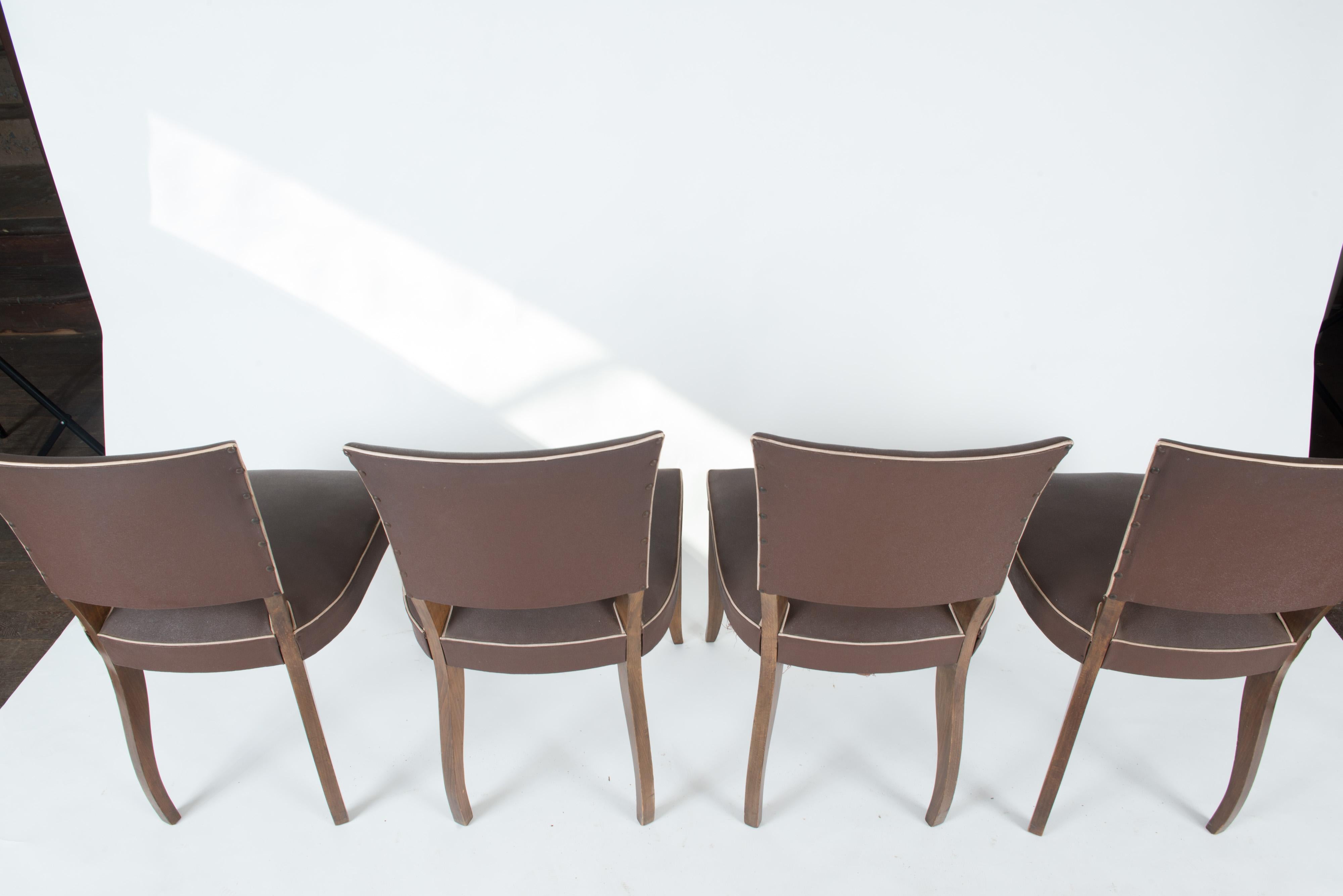 Mid-Century Modern Set of 4 French 1950s Dining Chairs, Brown For Sale