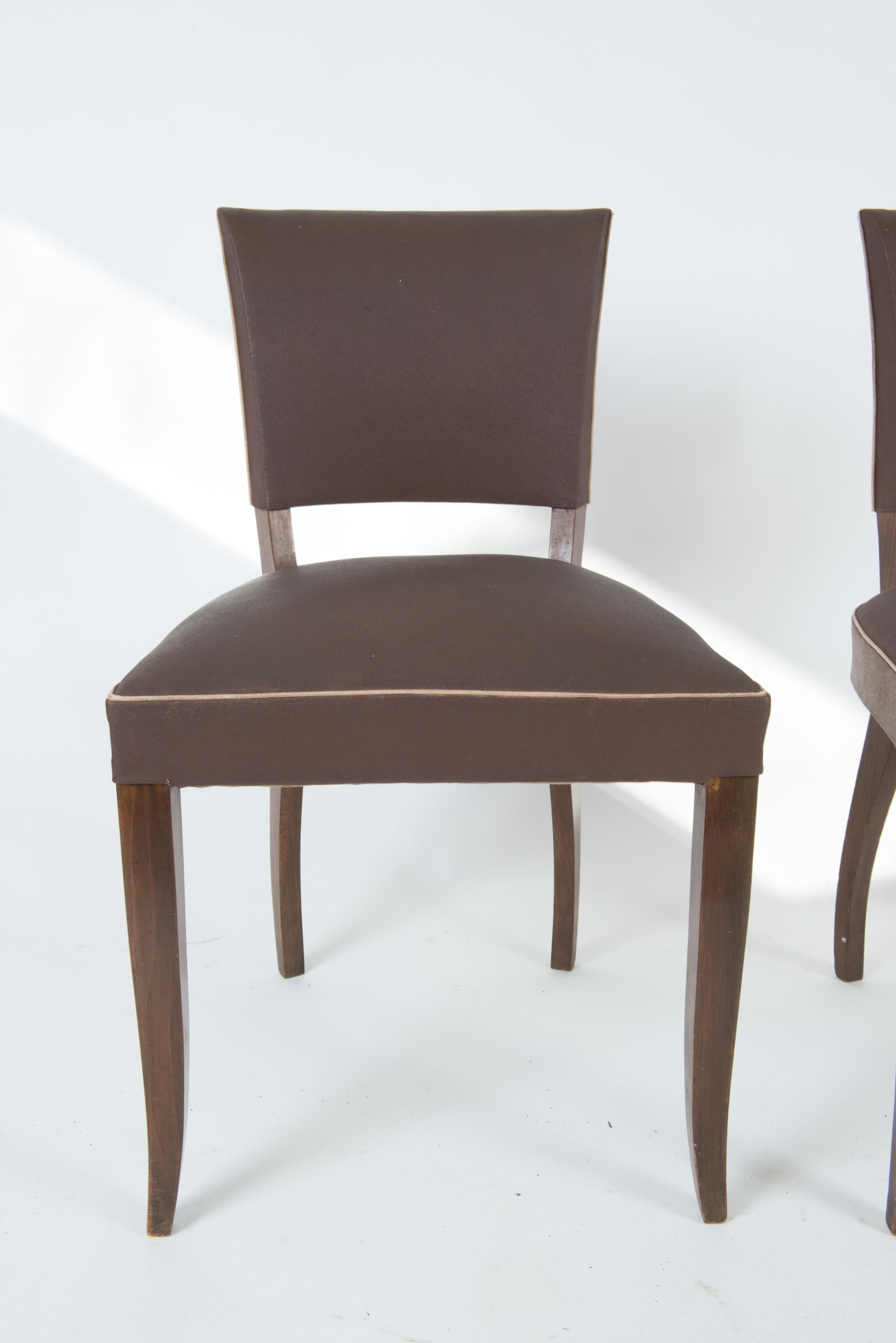 Mid-20th Century Set of 4 French 1950s Dining Chairs, Brown For Sale