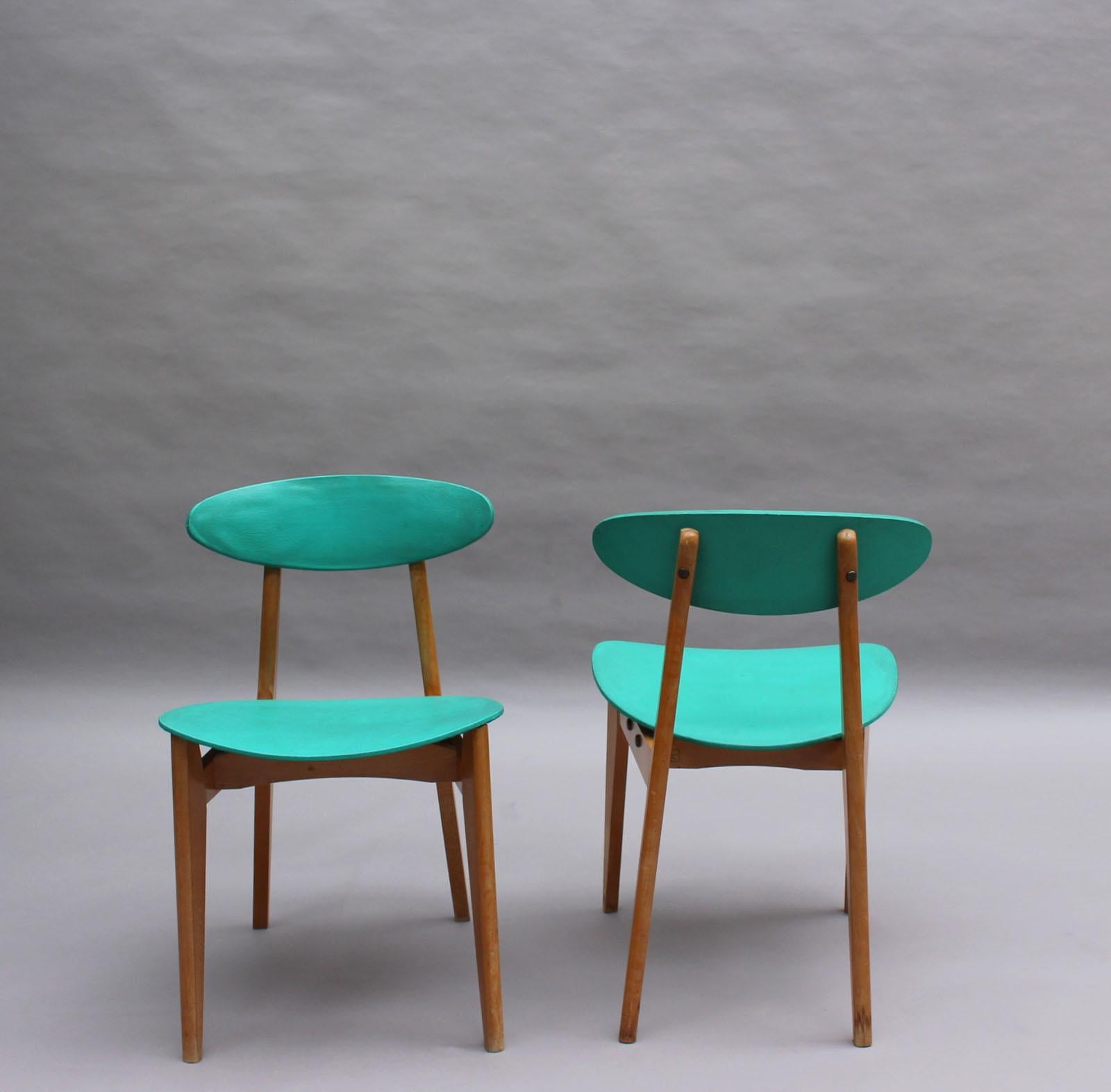 Mid-20th Century Set of 4 French 1950s Dining Chairs by Roger Landault Edited by Robert Sentou For Sale