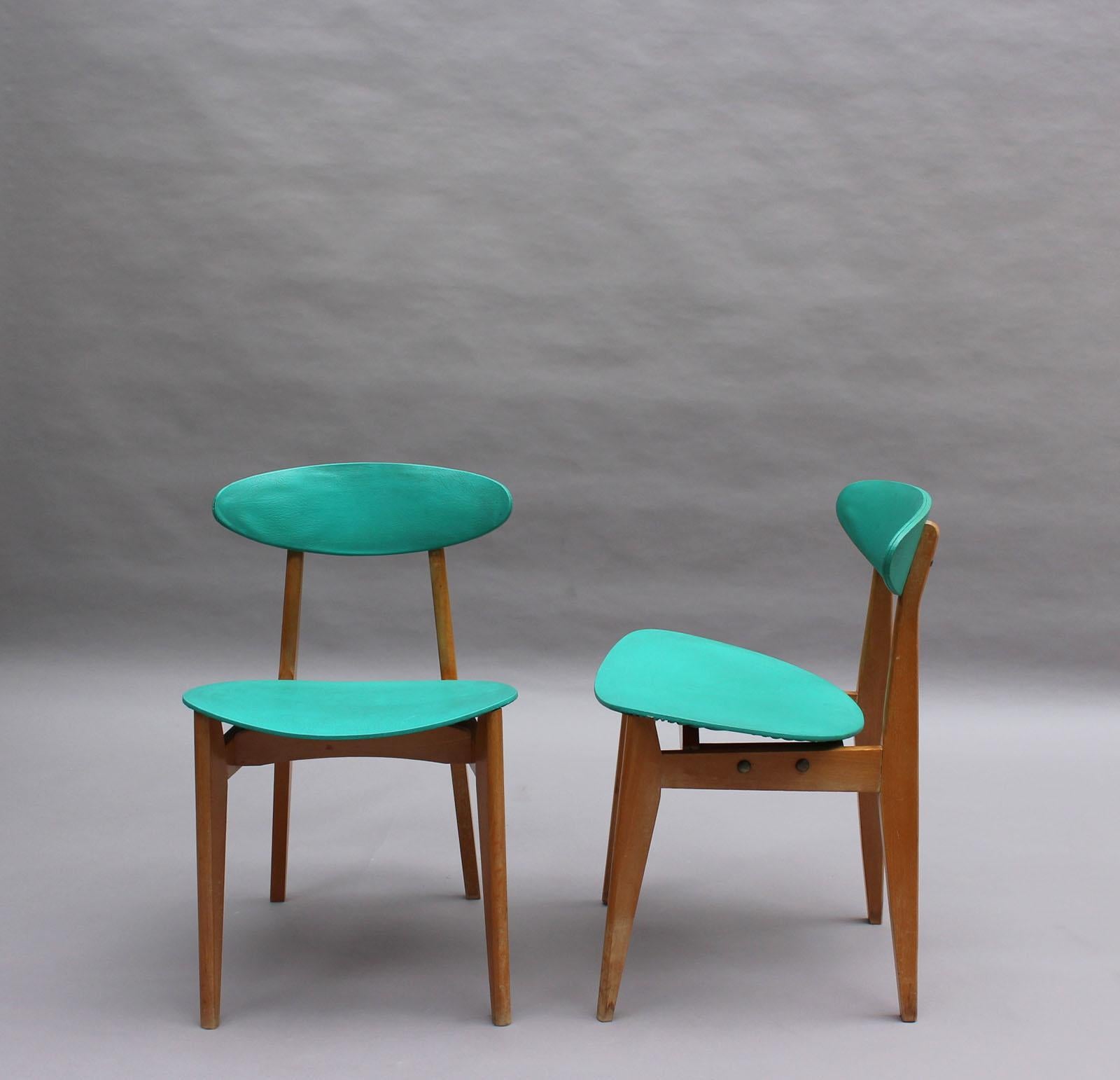 Beech Set of 4 French 1950s Dining Chairs by Roger Landault Edited by Robert Sentou For Sale