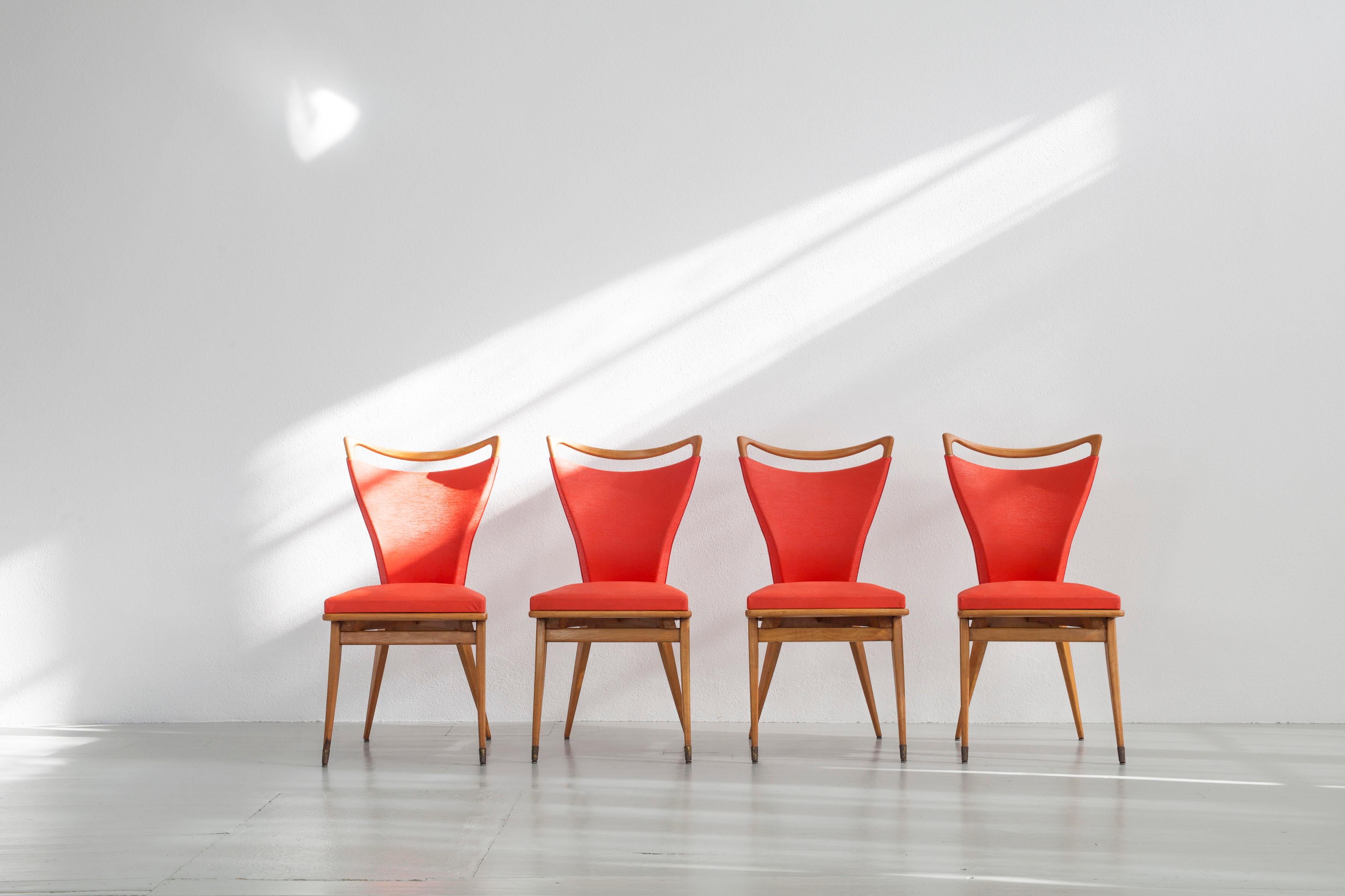 Mid-Century Modern Set of 4 French Wooden Chairs with Red Faux Leather Cover, 1950s