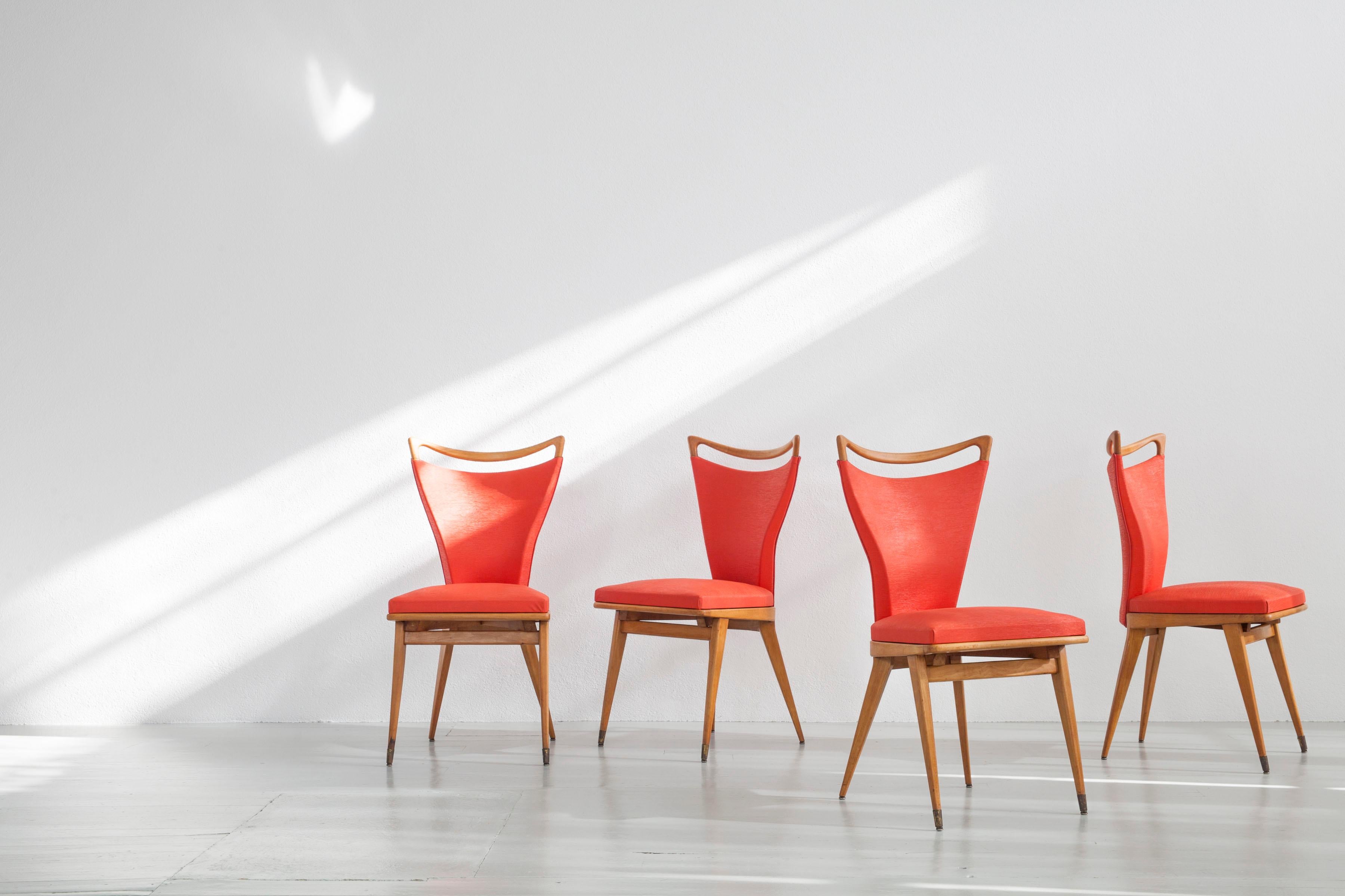 Set of 4 French Wooden Chairs with Red Faux Leather Cover, 1950s 1