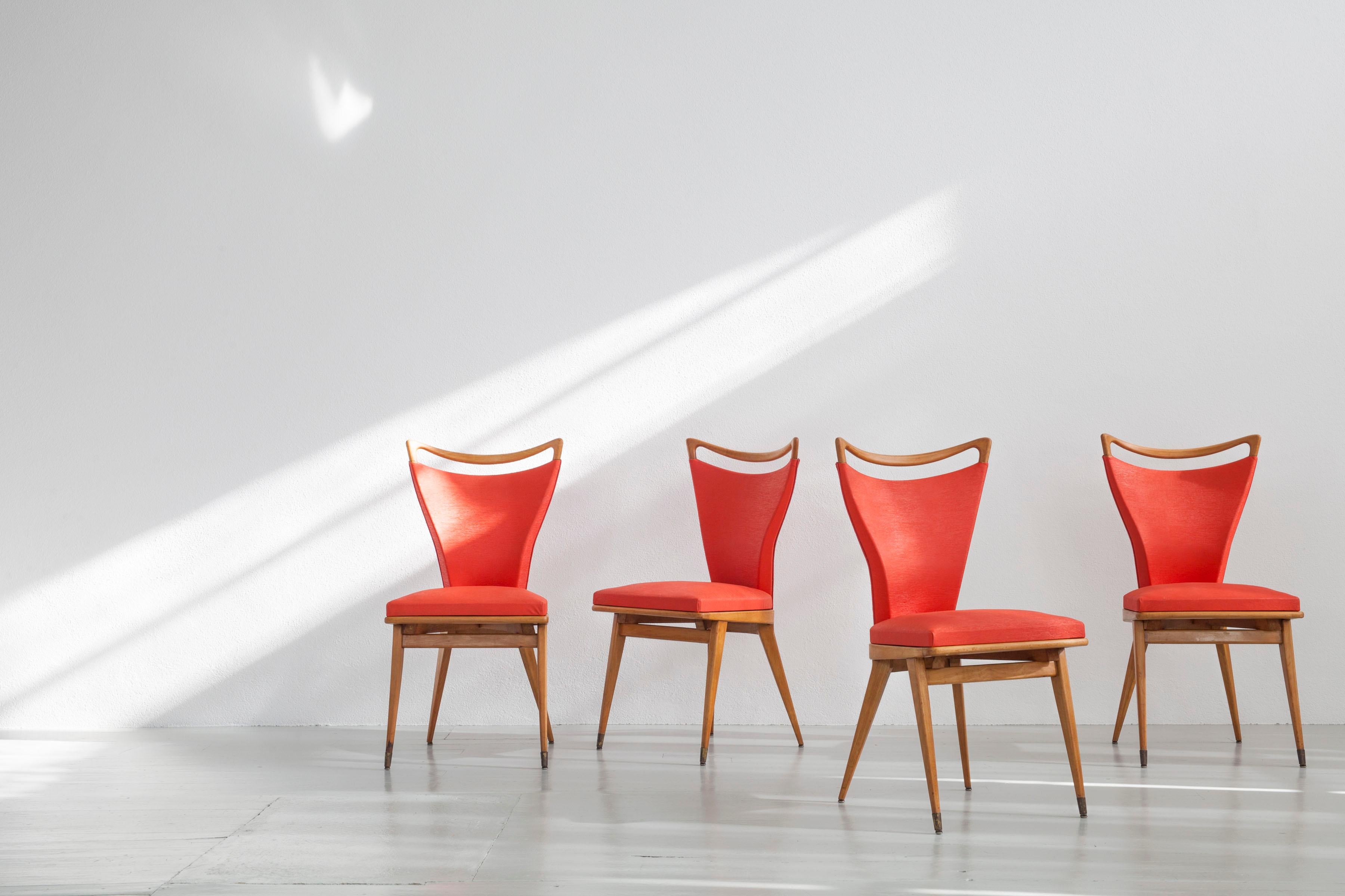 Set of 4 French Wooden Chairs with Red Faux Leather Cover, 1950s 3