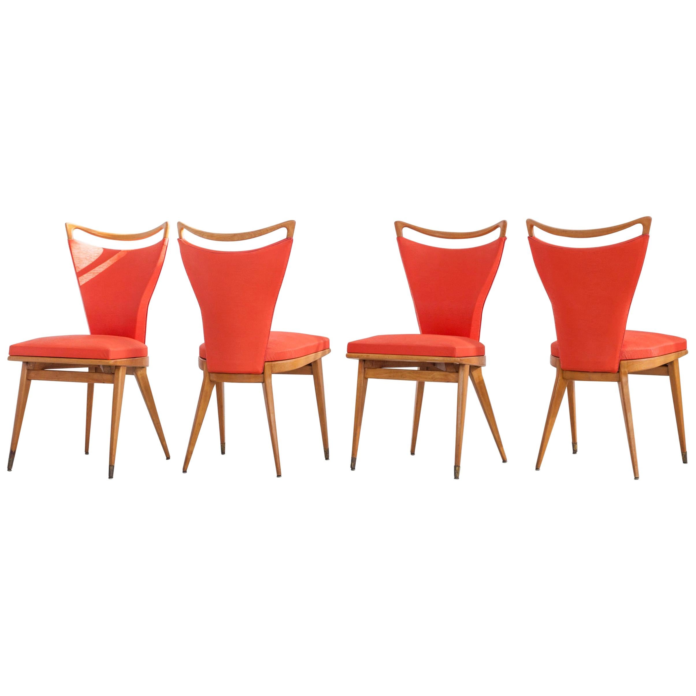 Set of 4 French Wooden Chairs with Red Faux Leather Cover, 1950s
