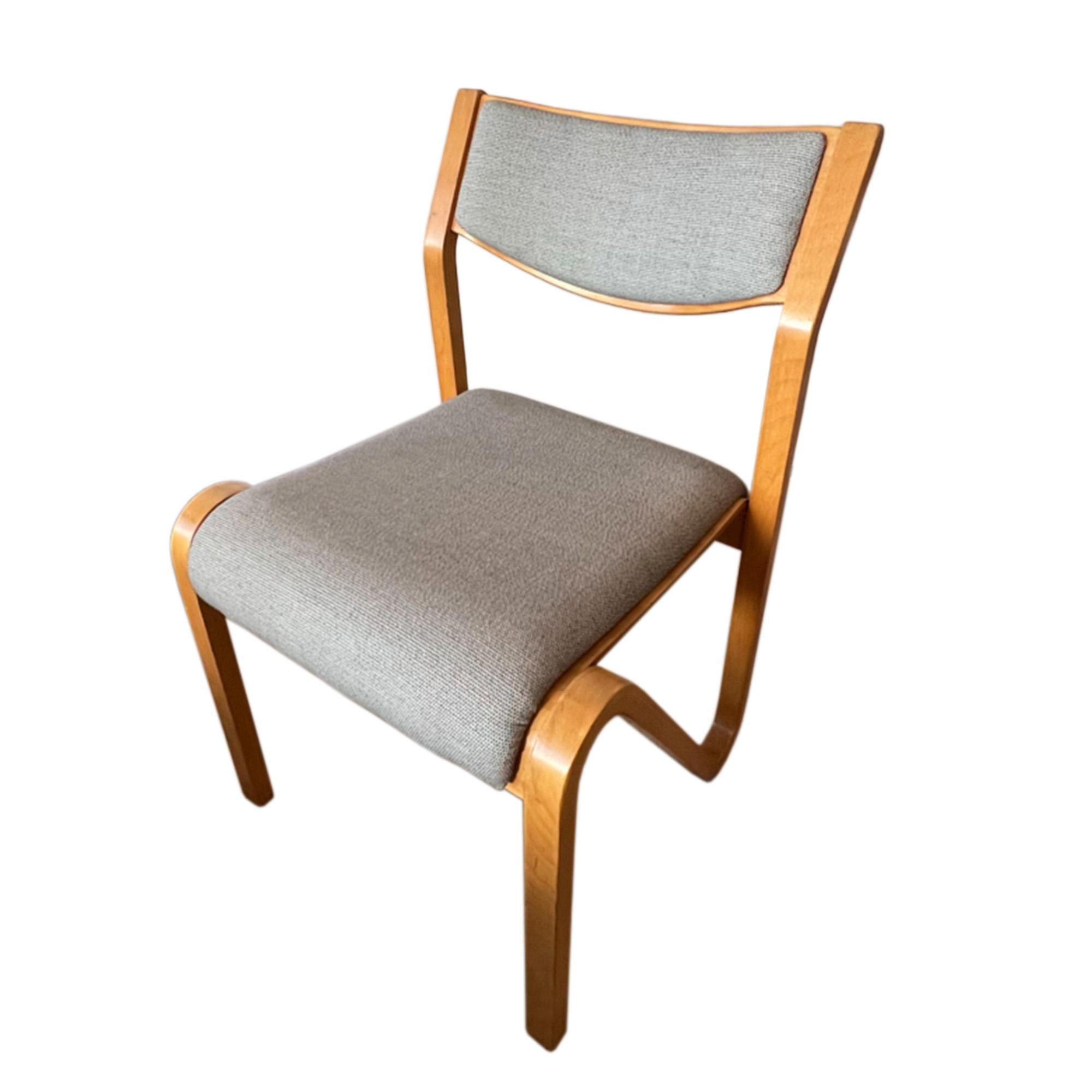 A set of stylish French chairs, made in the 1960s in the manner of Alvar Alto. Attractive and practical mid century design. 

We've had them reupholstered using Bute fabric. 

Bute Fabrics have a wonderful story. The mill was founded in 1947 by