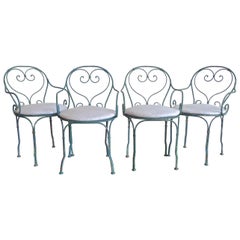 Used Set of 4 French 19th Century Painted Wrought Iron Bistro Armchairs with Cushions