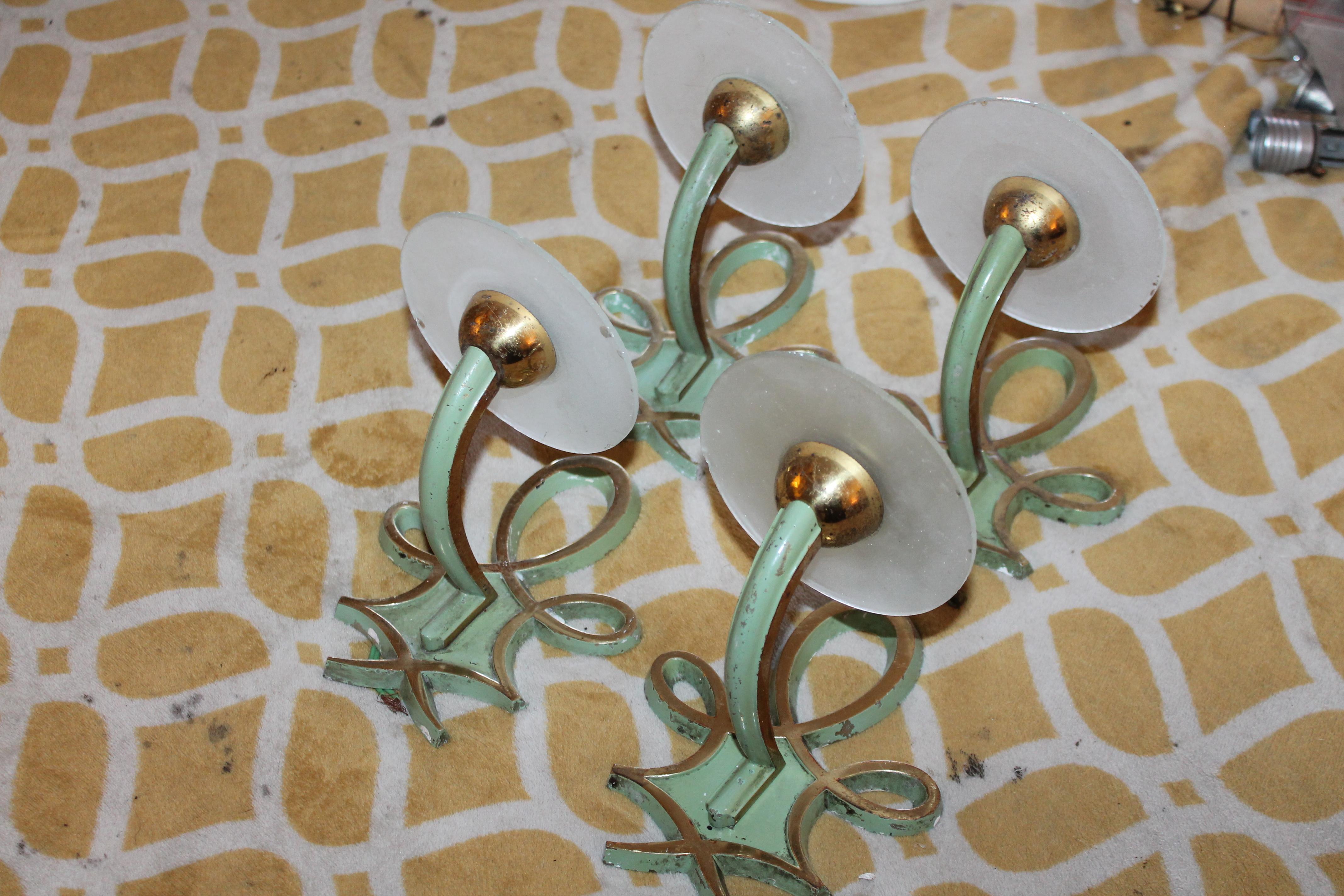 Set of 4 French Art Deco 1930's Gilt & Patinated Wall Sconces Attrib Jules Leleu For Sale 5