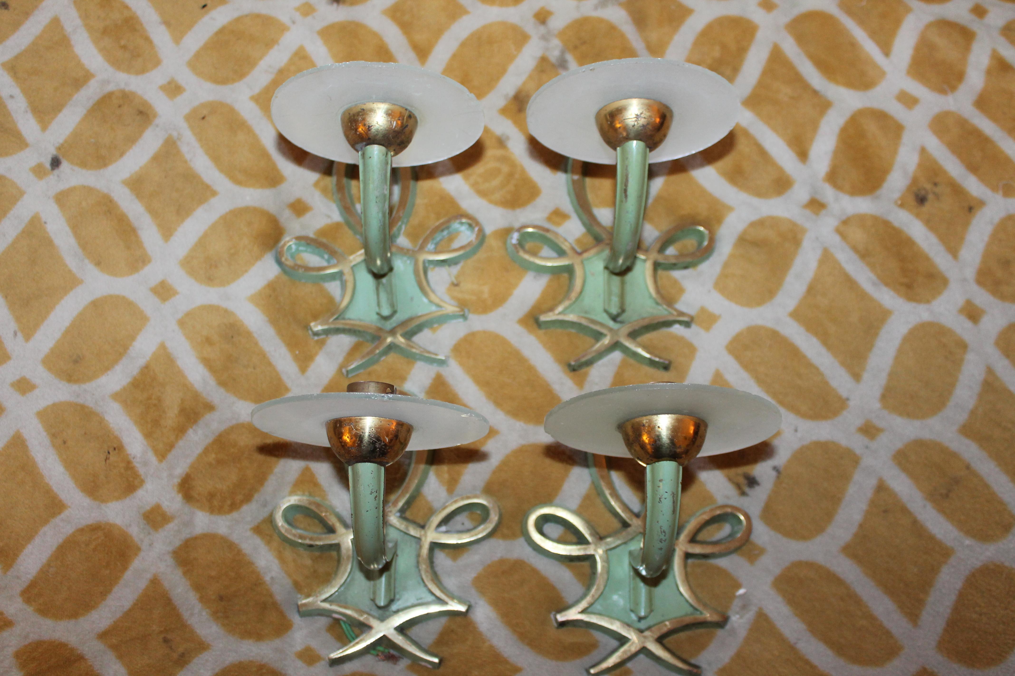 Matched Set of 4 French Art Deco Gilt & Patinated Wall Sconces attributed to Jules Leleu. Futuristic Glass discs.