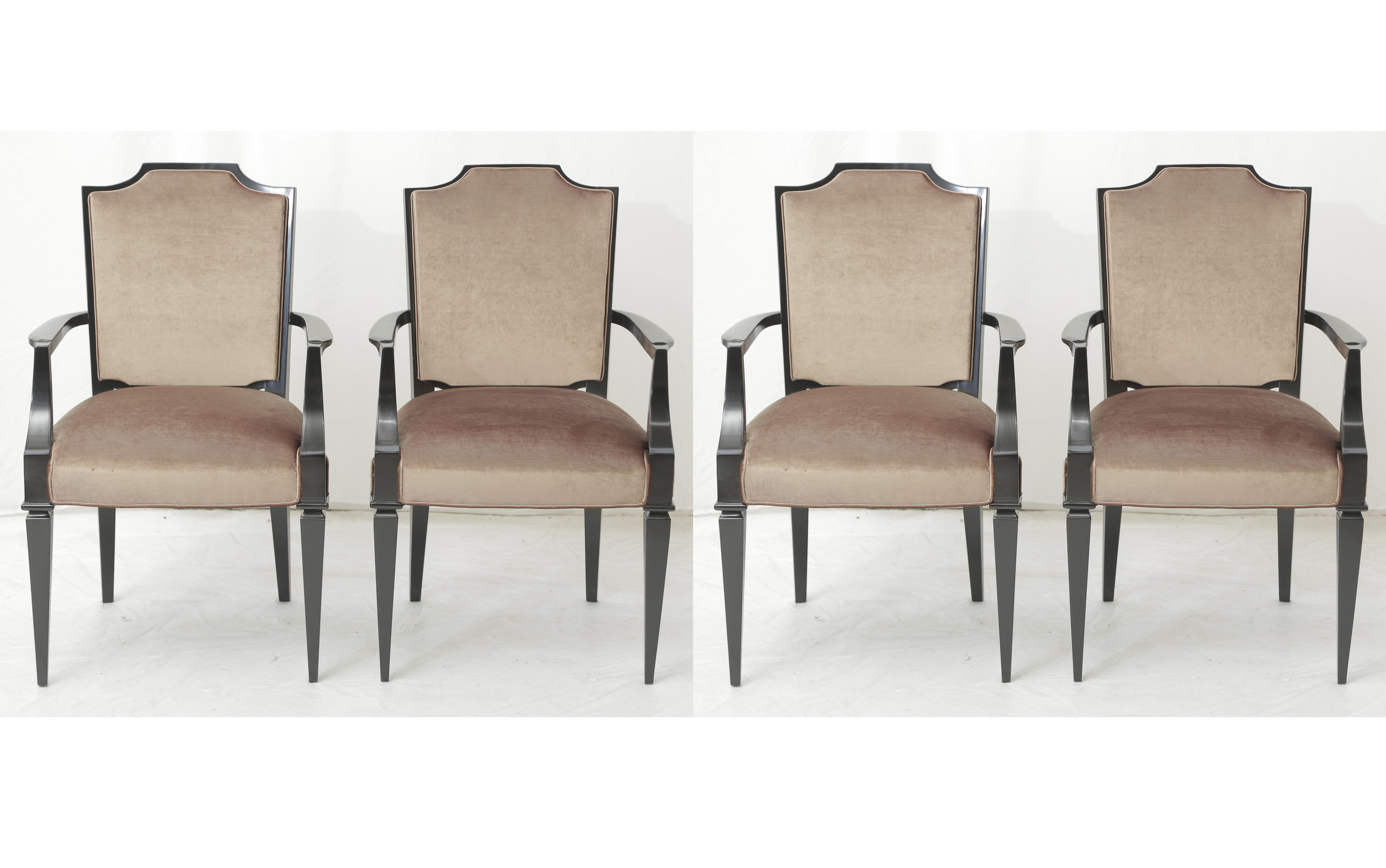 Carved Set of 4 French Art Deco Beige Velvet & Black Satin Beech Armchairs, Circa 1940 For Sale