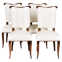 Antique Set of 4 French Art Deco Chairs With White Leather Upholstery