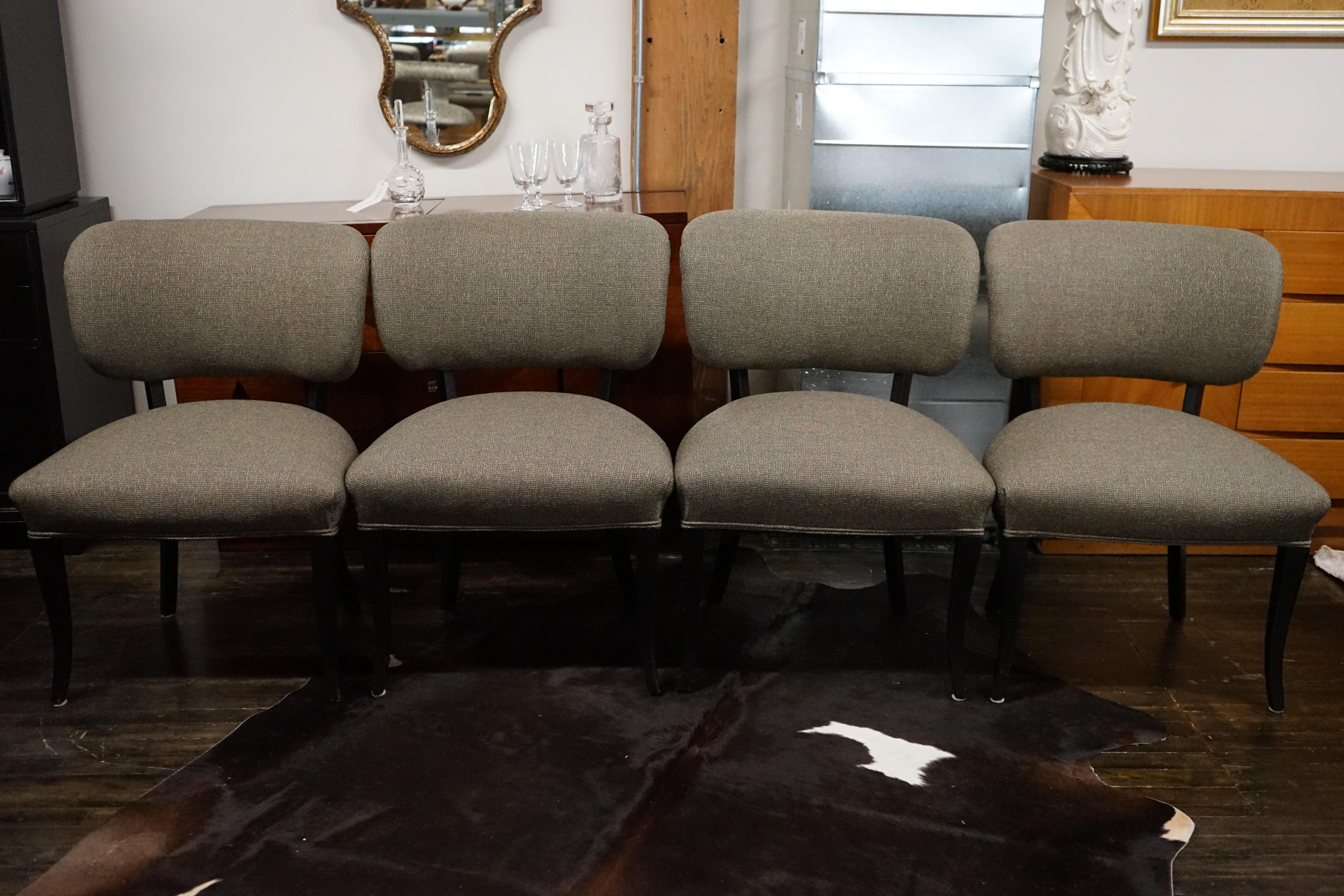 Stunning set of 4 French Art Deco dining chairs. These chairs blend the very best of art deco style; they blend elegance and modernism perfectly.  They feature a generously curved backrest. 

The chairs were fully restored by the previous owner's