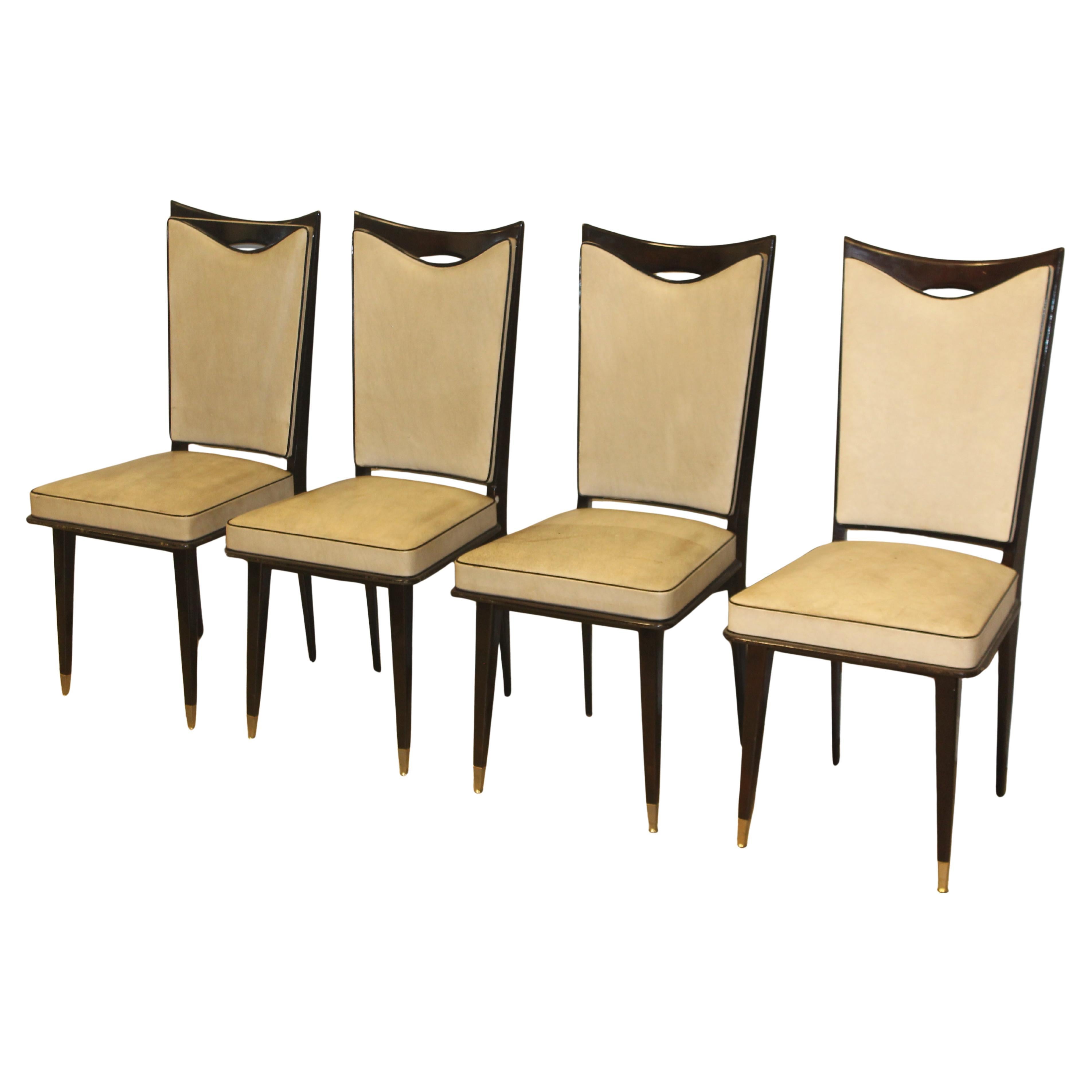 Set of Four French Art Deco Walnut Dining Chairs, Vintage Style, 1960
