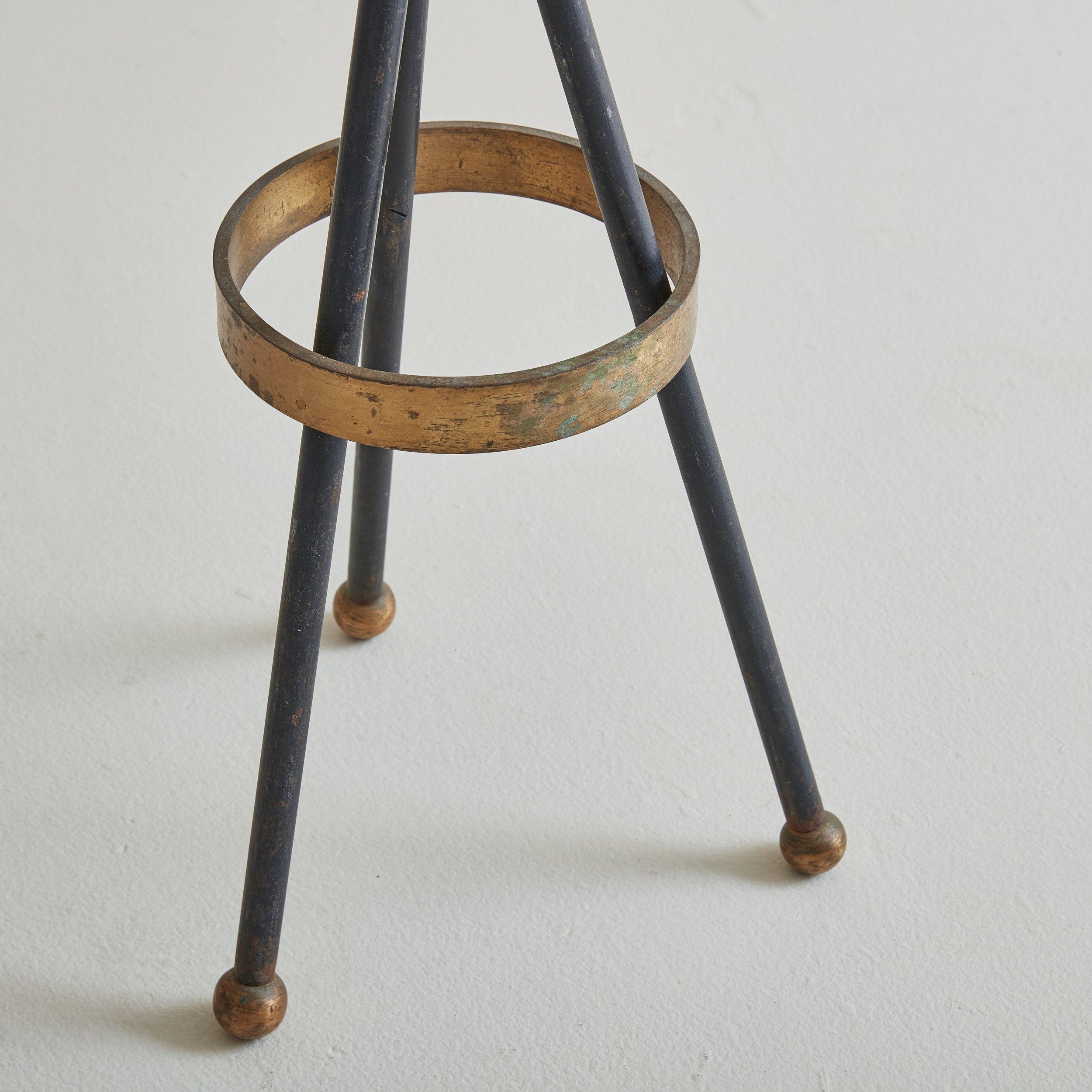 Mid-20th Century Set of 4 French Bistro Bar Stools in Iron, Brass and Boucle