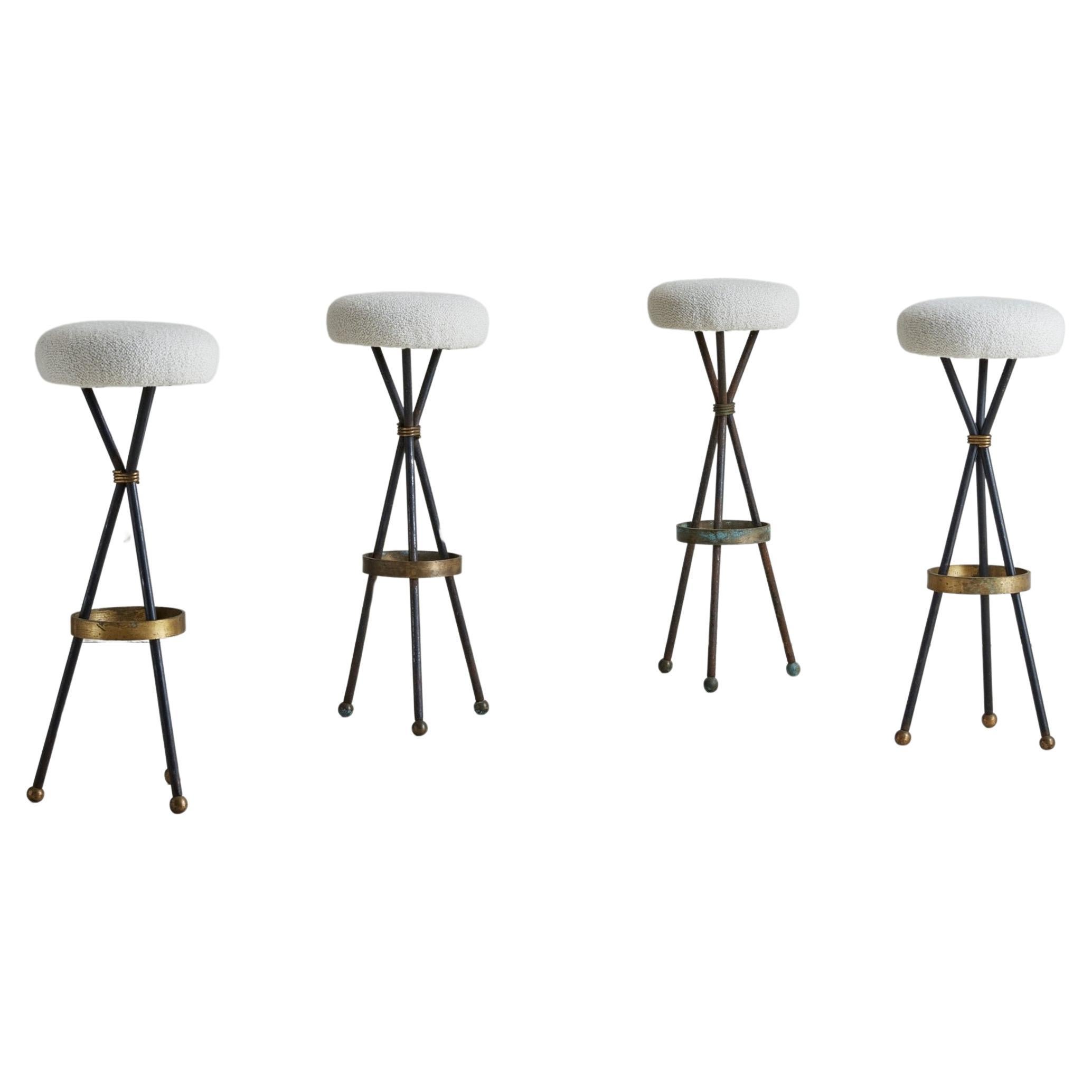Set of 4 French Bistro Bar Stools in Iron, Brass and Boucle For Sale
