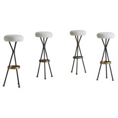 Set of 4 French Bistro Bar Stools in Iron, Brass and Boucle