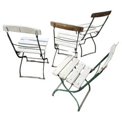 Set of 4 French Bistro Garden Folding Iron Frame Dining Chairs w Wood Slats 1925