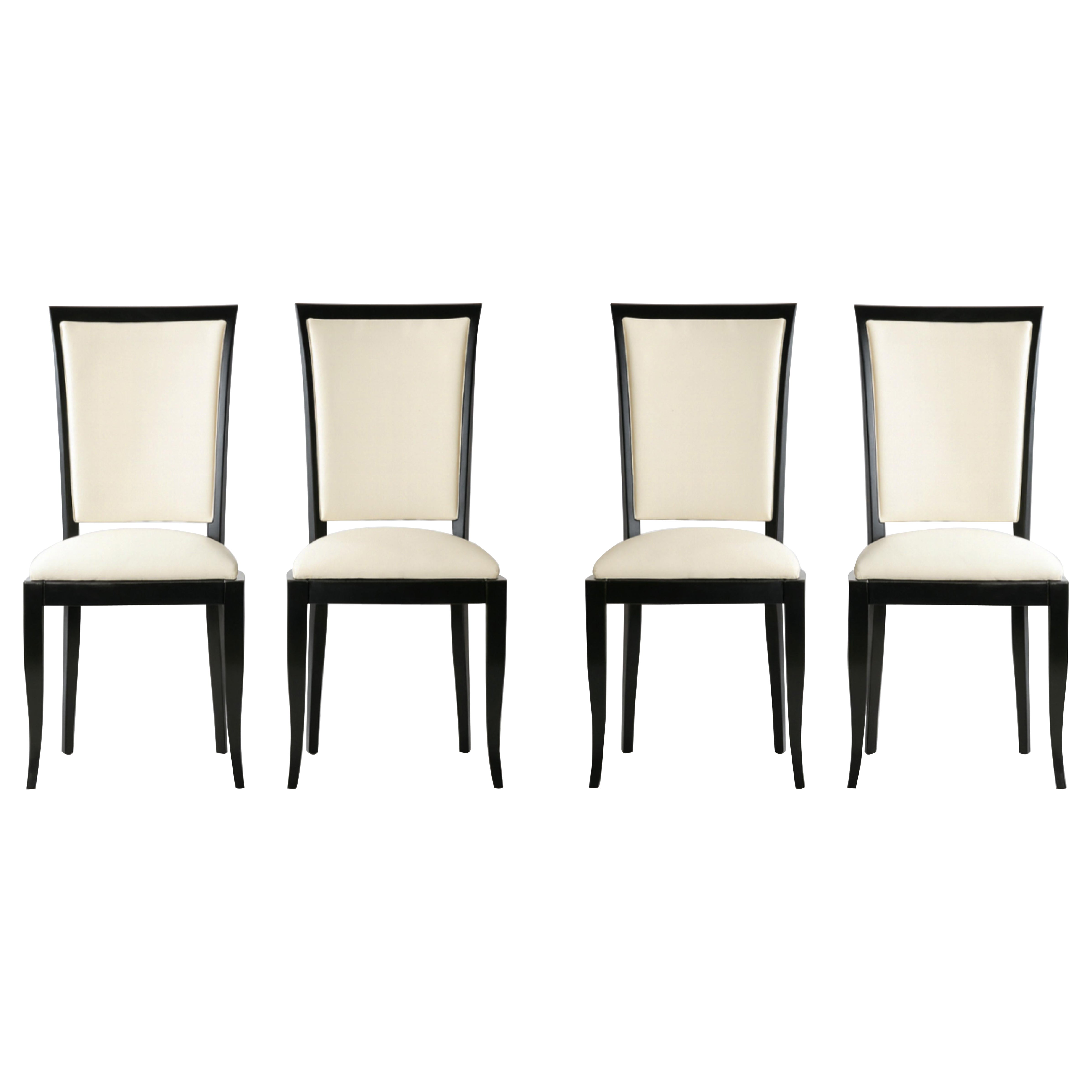 Set of 4 French Black Lacquer Art Deco Dining Chair, 20th Century