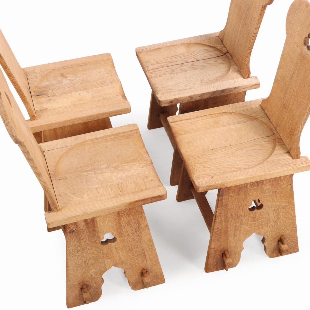 Set of 4 French Brutalist carved oak chairs, C. 1940. In Good Condition For Sale In Philadelphia, PA