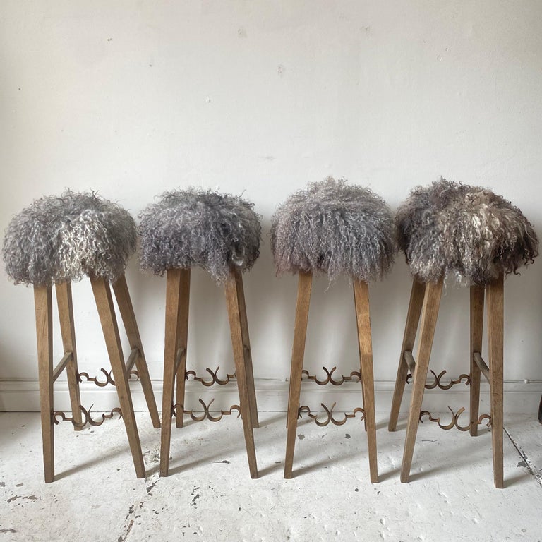 Set of 4 French Cafe Bar Stools with Gotland Sheepskin Tops, 20th