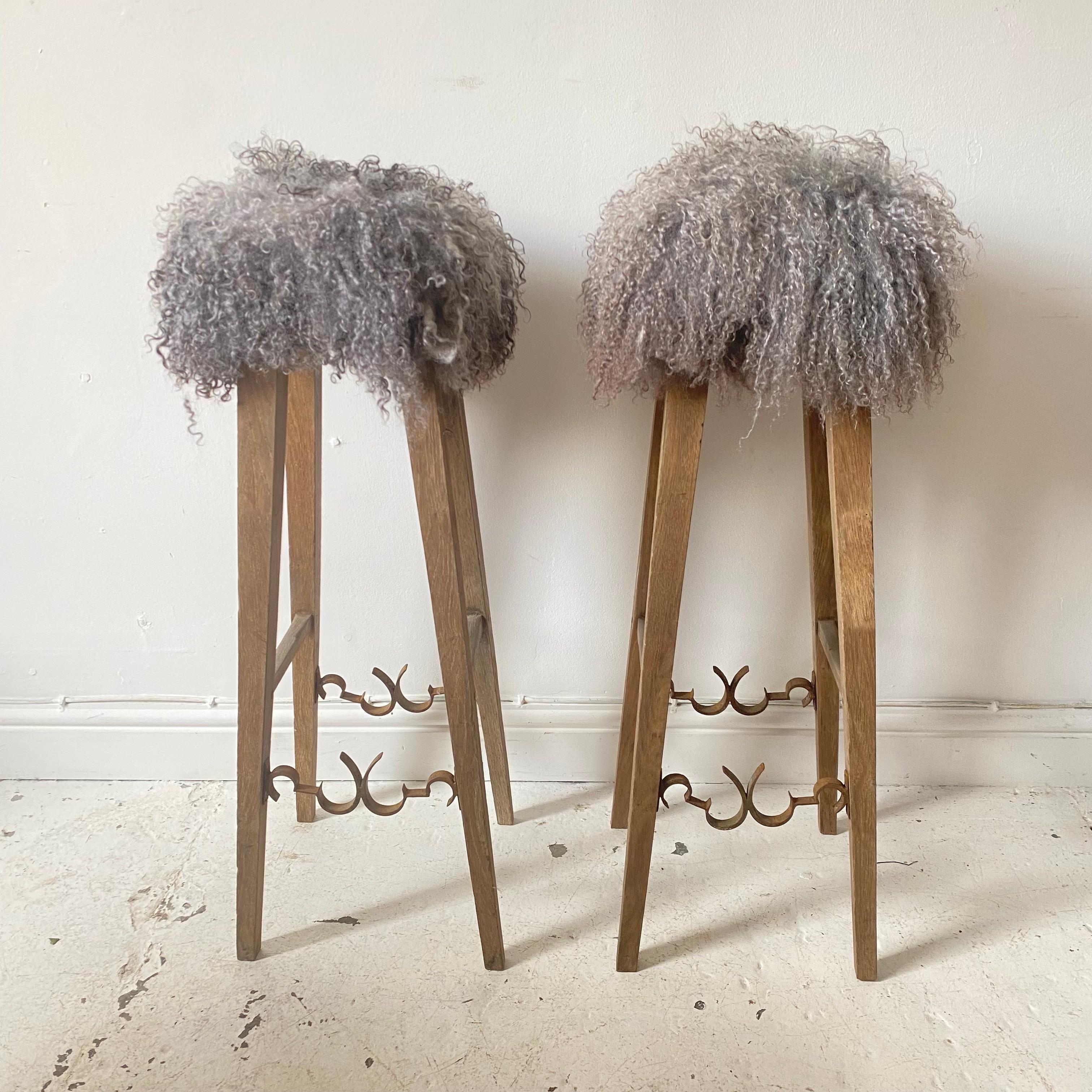 French Provincial Set of 4 French Cafe Bar Stools with Gotland Sheepskin Tops, 20th Century For Sale